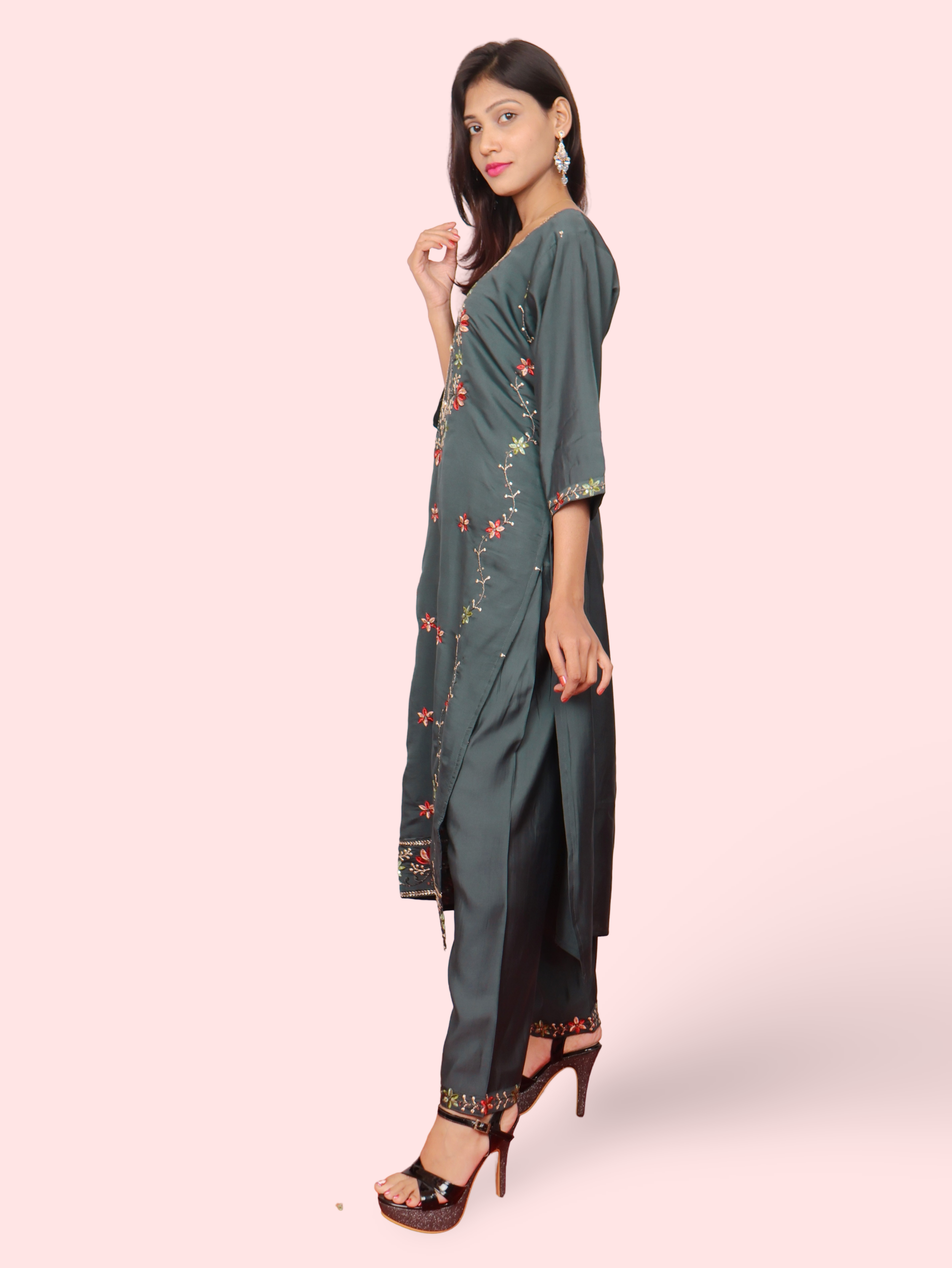 Rayon-Cotton Embroidered Straight Kurti with Pant and Dupatta