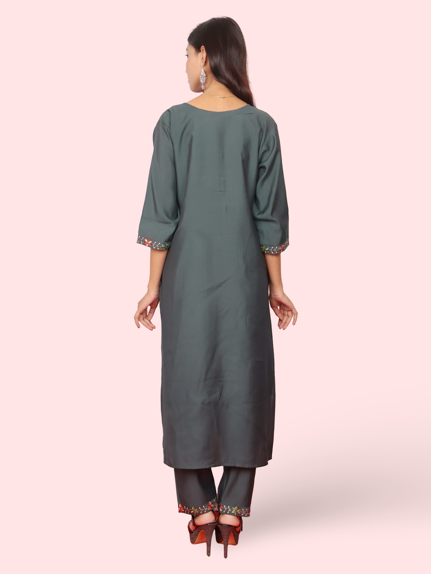 Rayon-Cotton Embroidered Straight Kurti with Pant and Dupatta