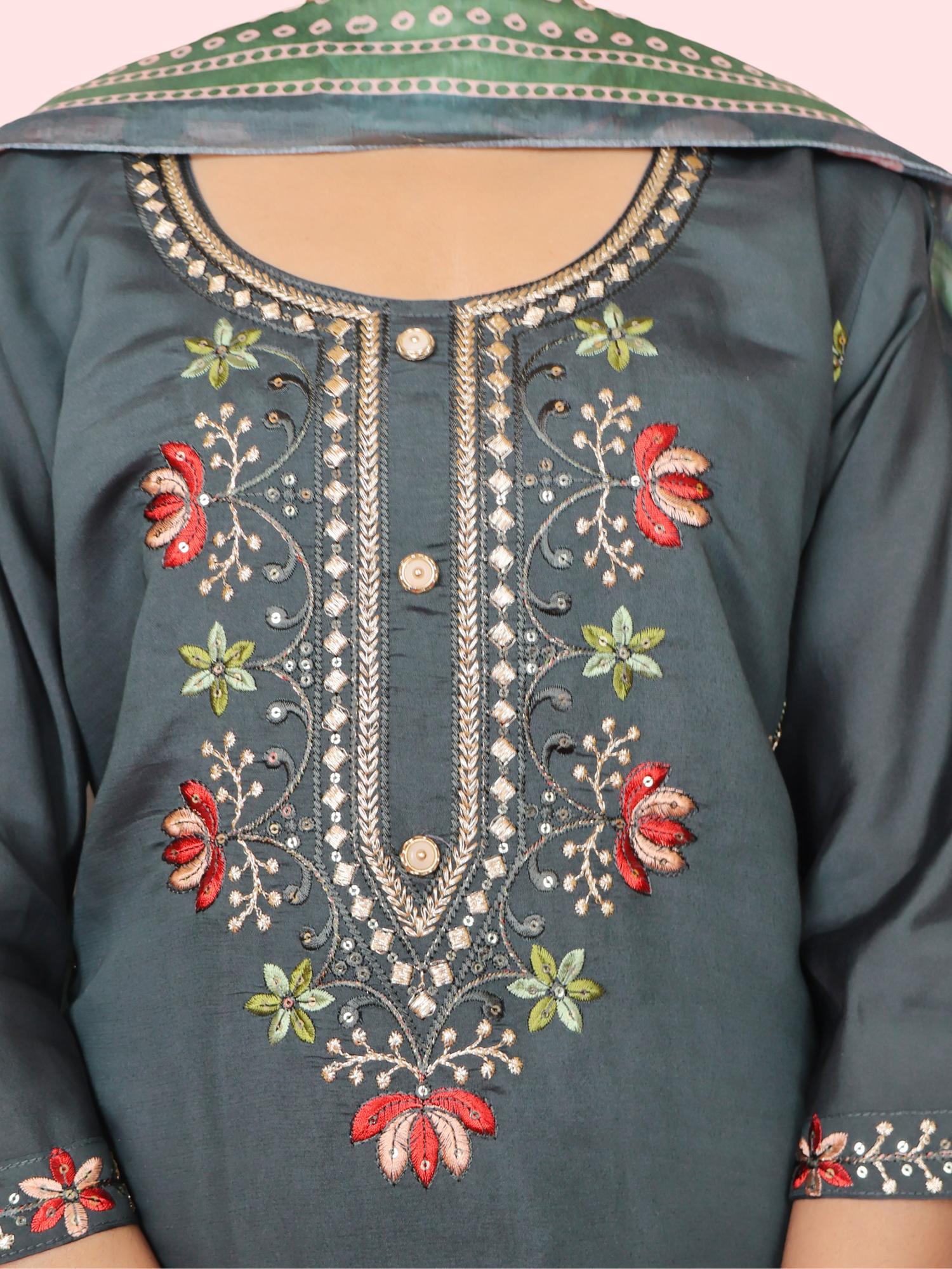 Rayon-Cotton Embroidered Straight Kurti with Pant and Dupatta