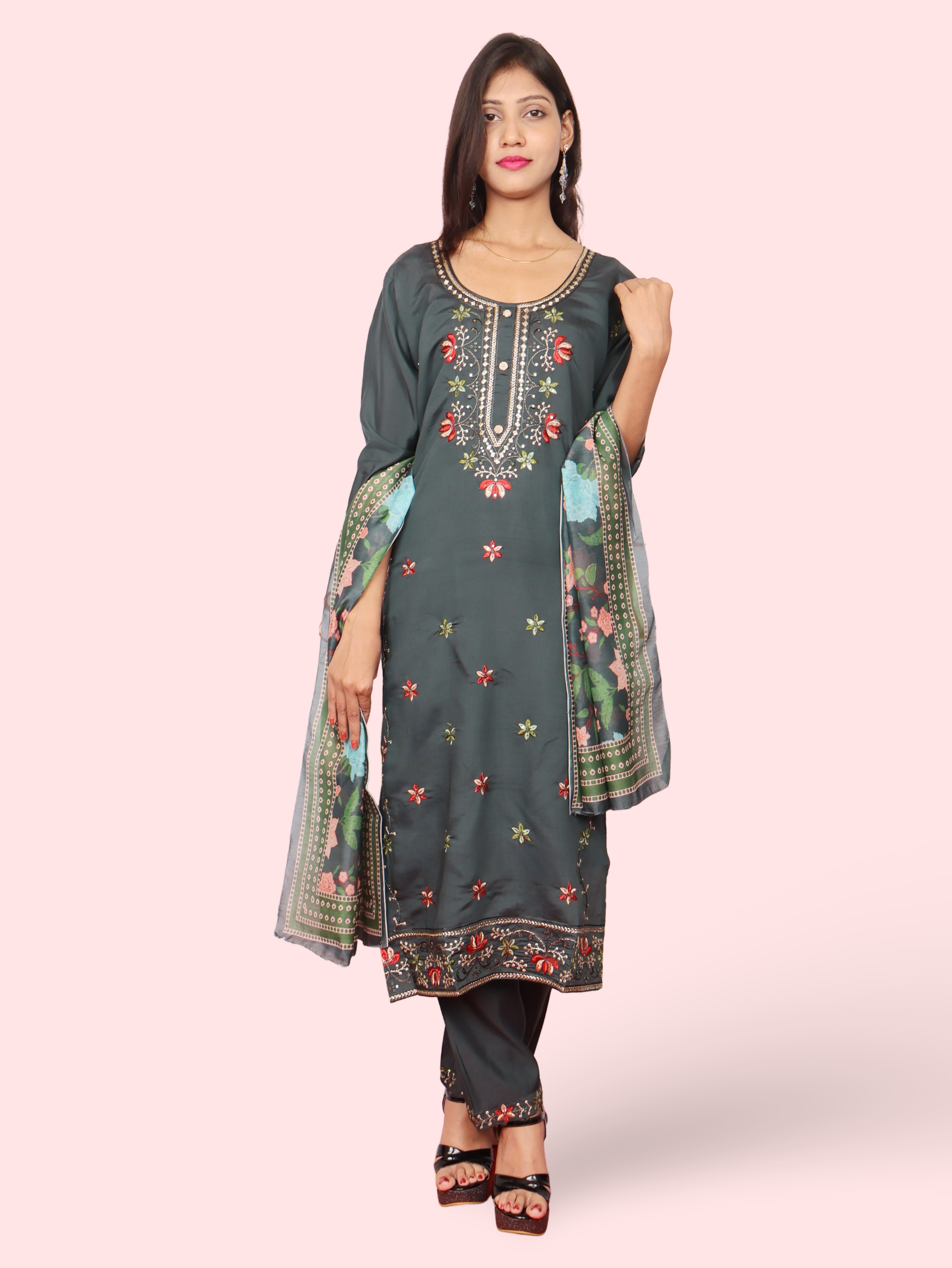 Rayon-Cotton Embroidered Straight Kurti with Pant and Dupatta