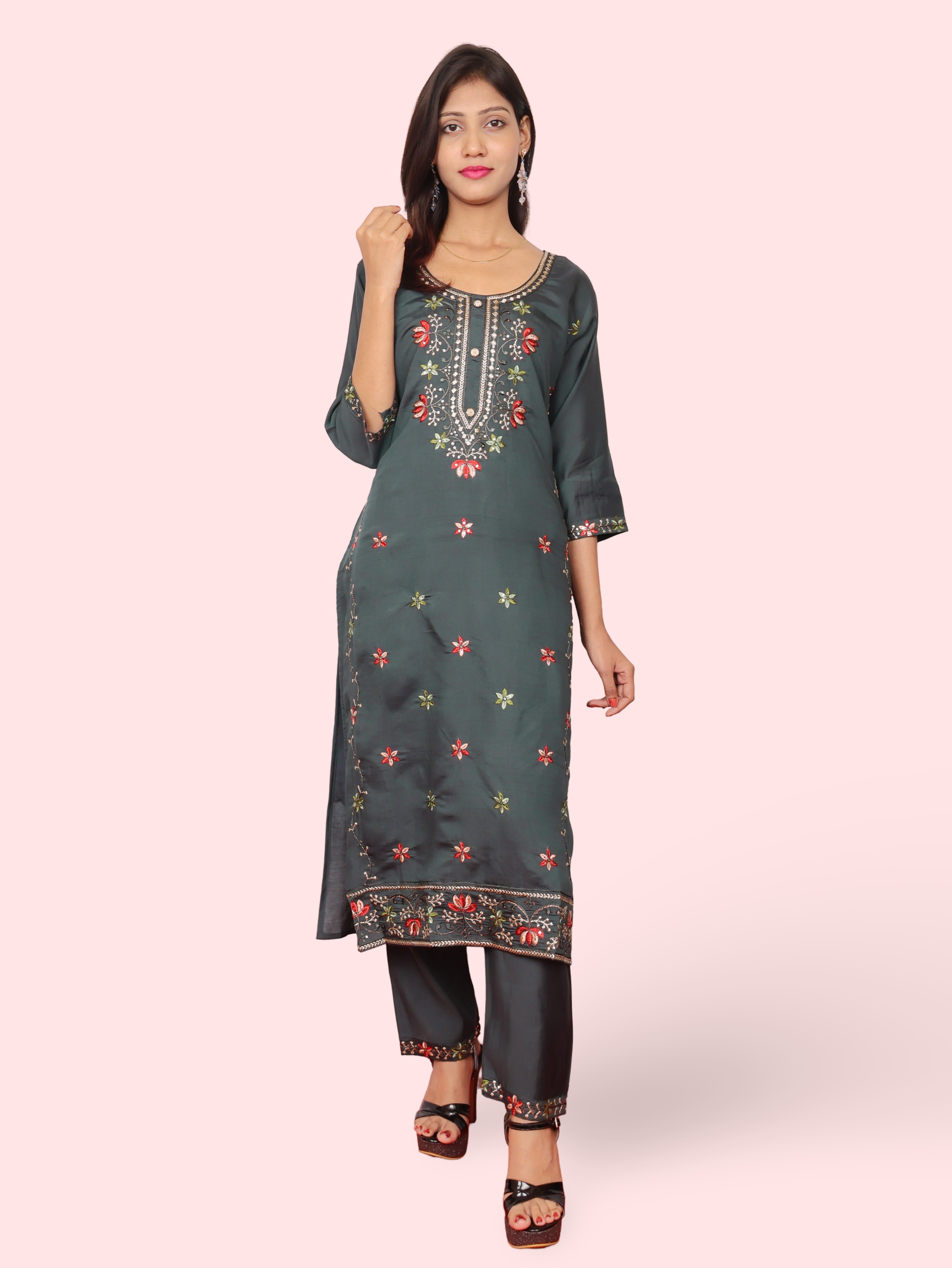 Rayon-Cotton Embroidered Straight Kurti with Pant and Dupatta