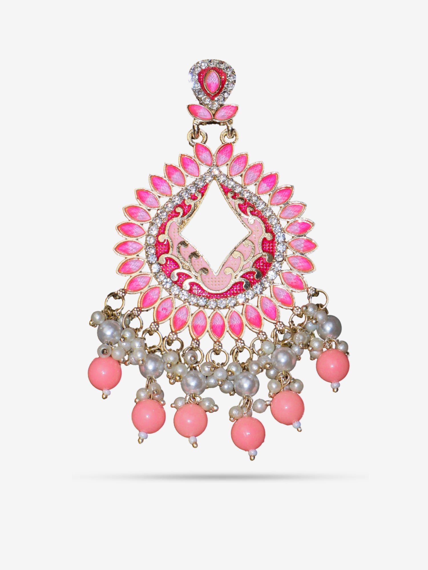Gold-Toned & Chandbali Earrings with Crystals and Pearls for Women by Shreekama Pink Fashion Jewelry for Party Festival Wedding Occasion in Noida