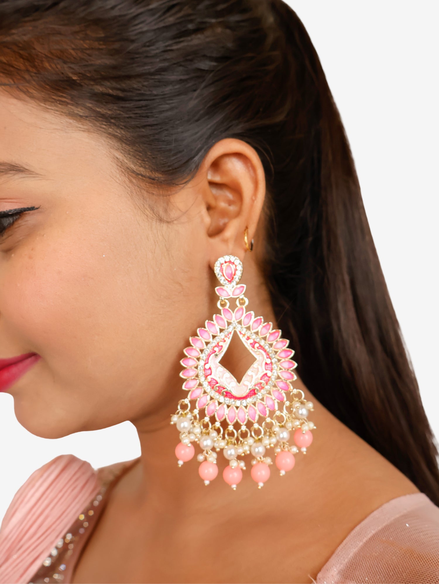 Gold-Toned & Chandbali Earrings with Crystals and Pearls for Women by Shreekama Pink Fashion Jewelry for Party Festival Wedding Occasion in Noida