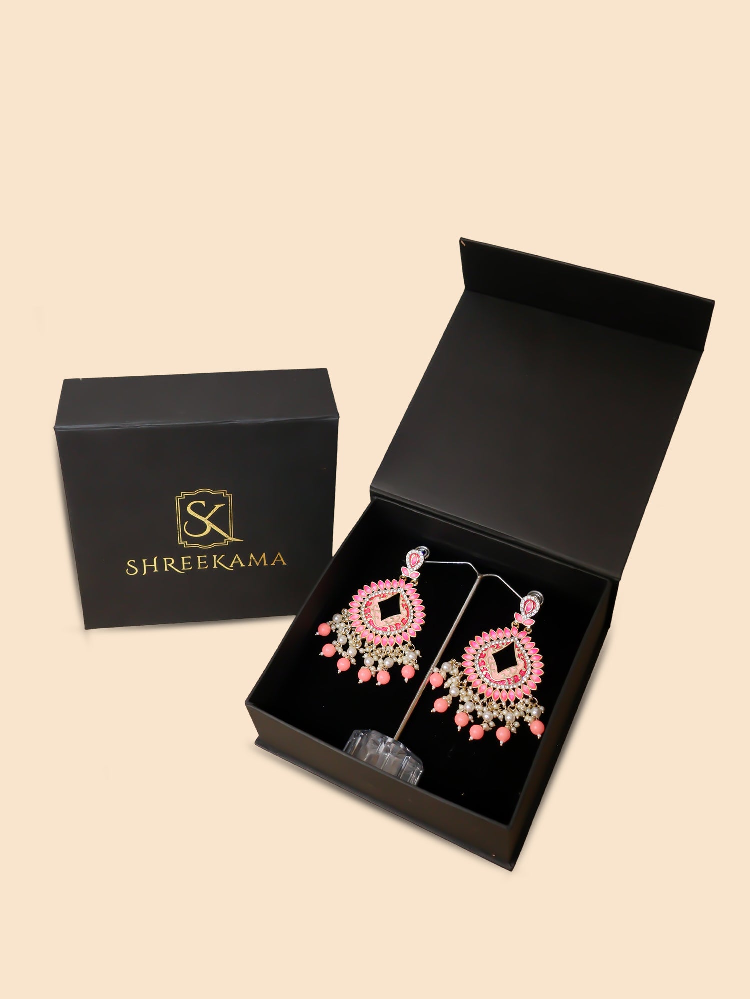 Gold-Toned & Chandbali Earrings with Crystals and Pearls for Women by Shreekama Pink Fashion Jewelry for Party Festival Wedding Occasion in Noida