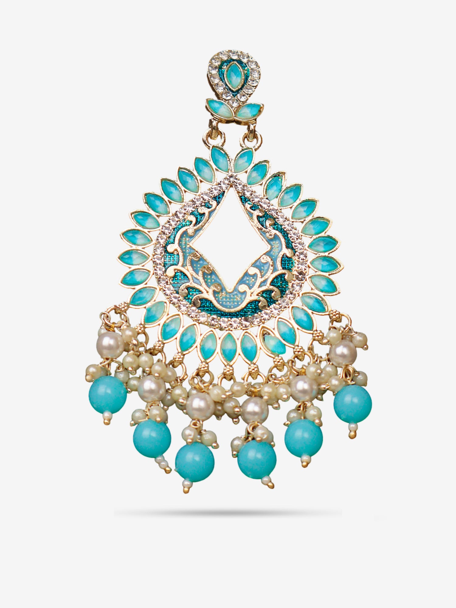 Gold-Toned & Chandbali Earrings with Crystals and Pearls for Women by Shreekama Sky Blue Fashion Jewelry for Party Festival Wedding Occasion in Noida