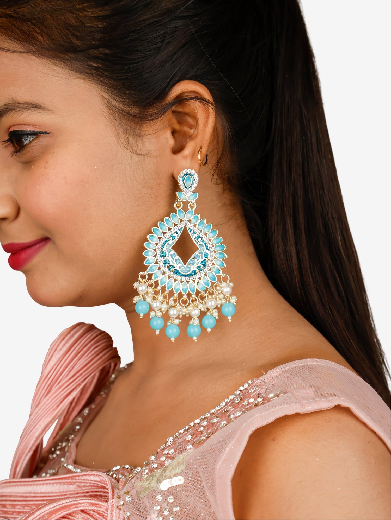 Gold-Toned & Chandbali Earrings with Crystals and Pearls for Women by Shreekama Sky Blue Fashion Jewelry for Party Festival Wedding Occasion in Noida