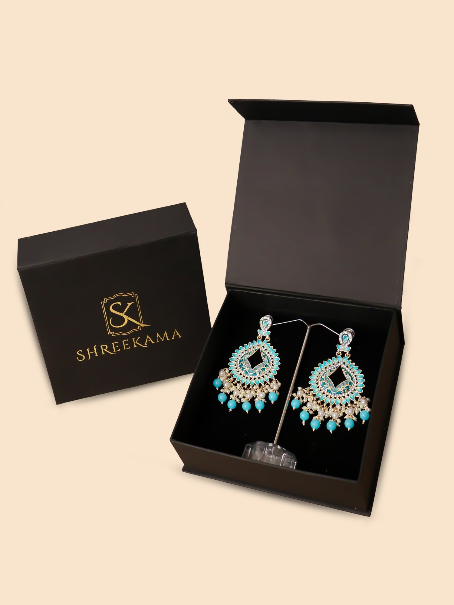 Gold-Toned & Chandbali Earrings with Crystals and Pearls for Women by Shreekama Sky Blue Fashion Jewelry for Party Festival Wedding Occasion in Noida