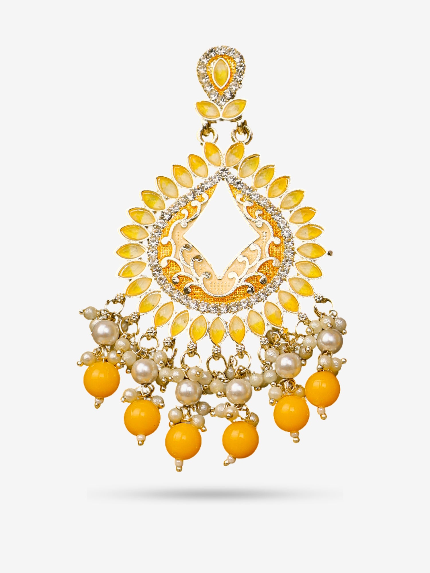 Gold-Toned & Chandbali Earrings with Crystals and Pearls for Women by Shreekama Yellow Fashion Jewelry for Party Festival Wedding Occasion in Noida