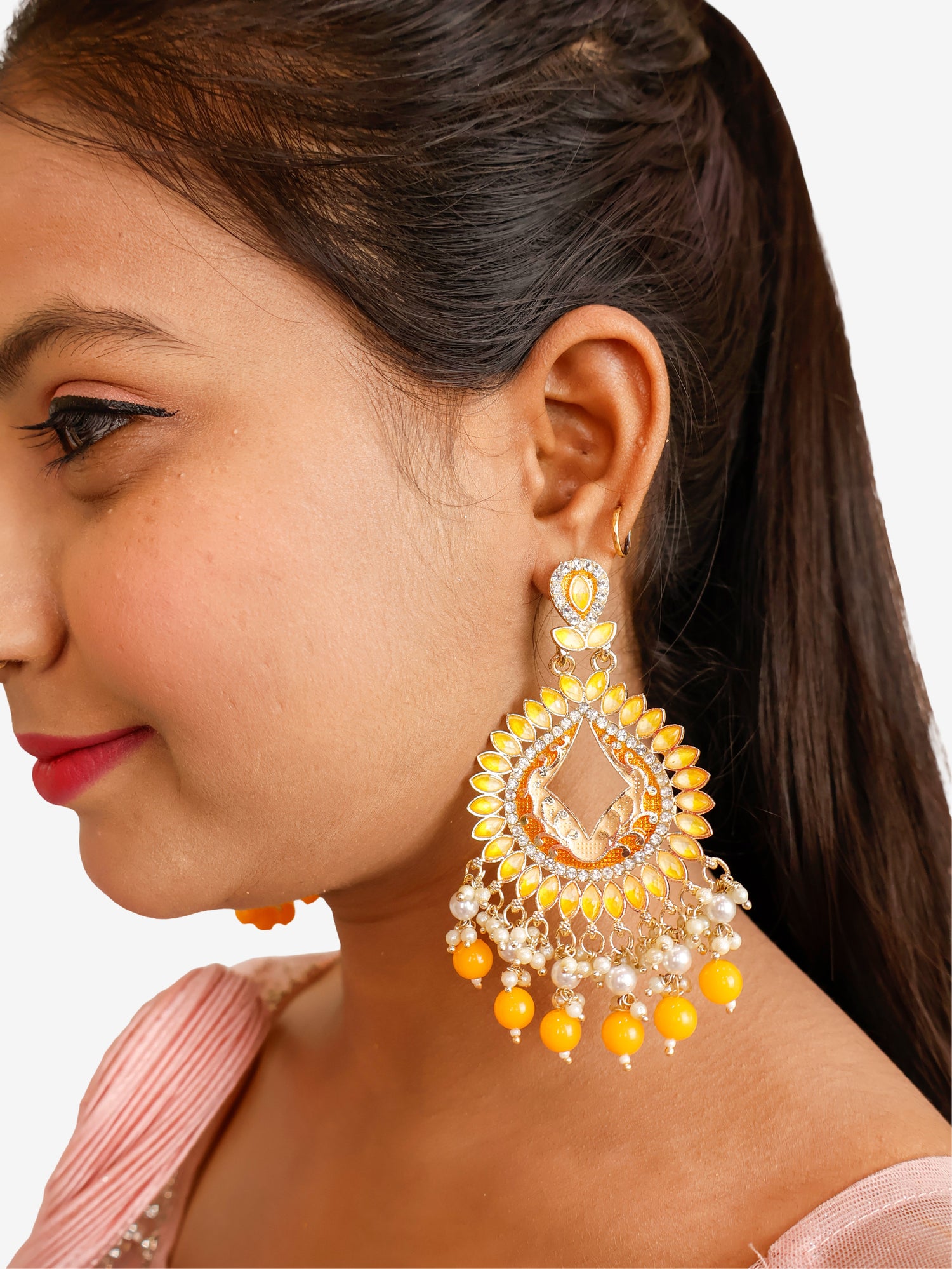 Gold-Toned & Chandbali Earrings with Crystals and Pearls for Women by Shreekama Yellow Fashion Jewelry for Party Festival Wedding Occasion in Noida