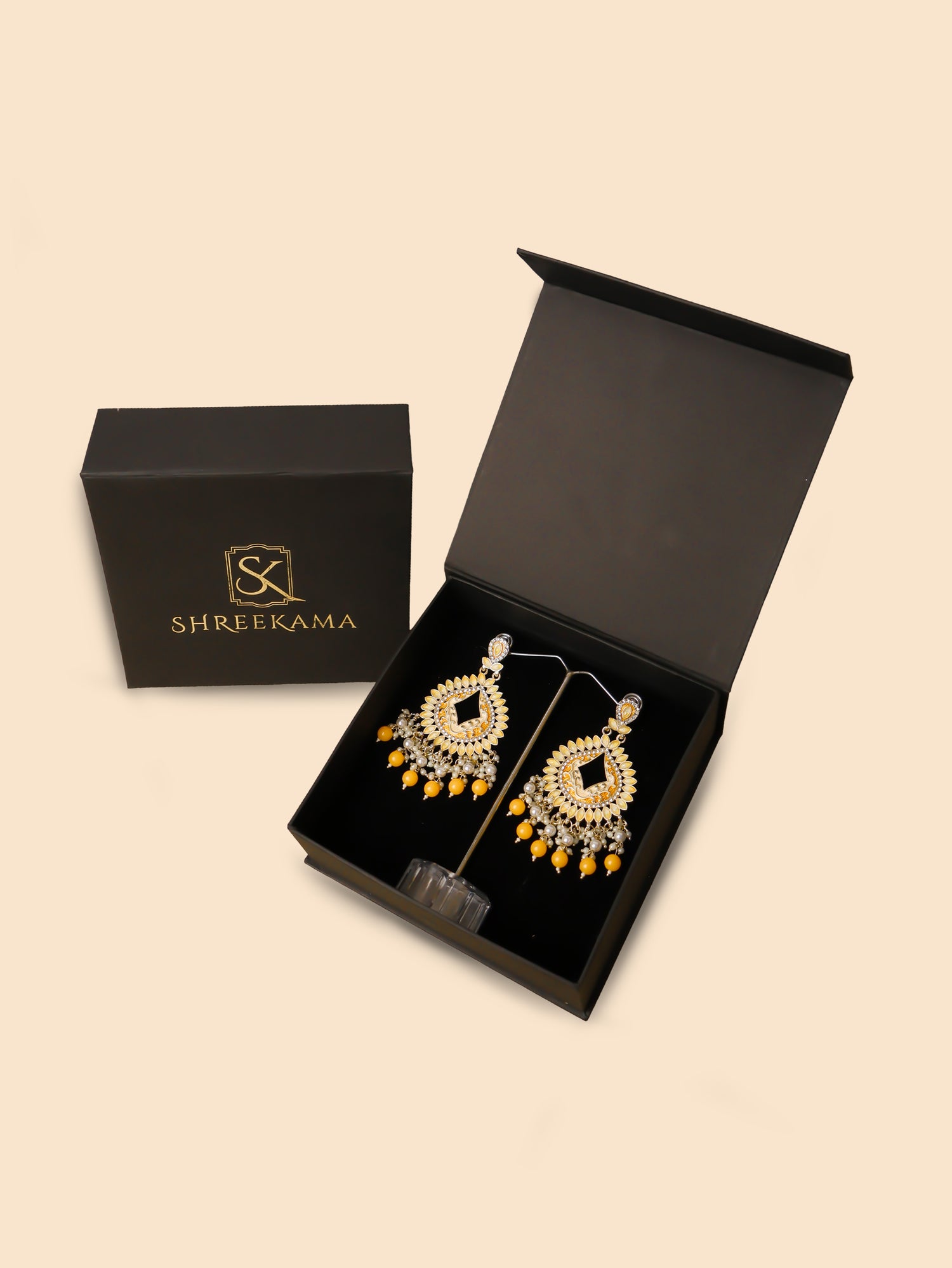 Gold-Toned & Chandbali Earrings with Crystals and Pearls for Women by Shreekama Yellow Fashion Jewelry for Party Festival Wedding Occasion in Noida