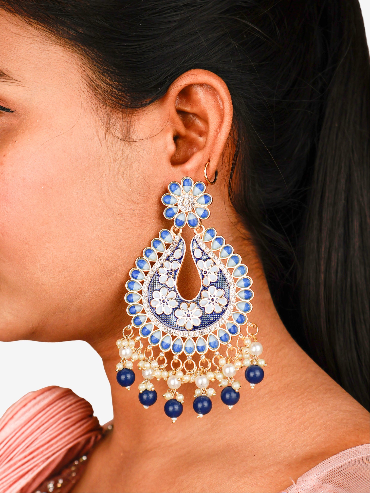 Jewels Chandbali Earrings for Women with Kundan Stones and Beads by Shreekama Navy Blue Fashion Jewelry for Party Festival Wedding Occasion in Noida
