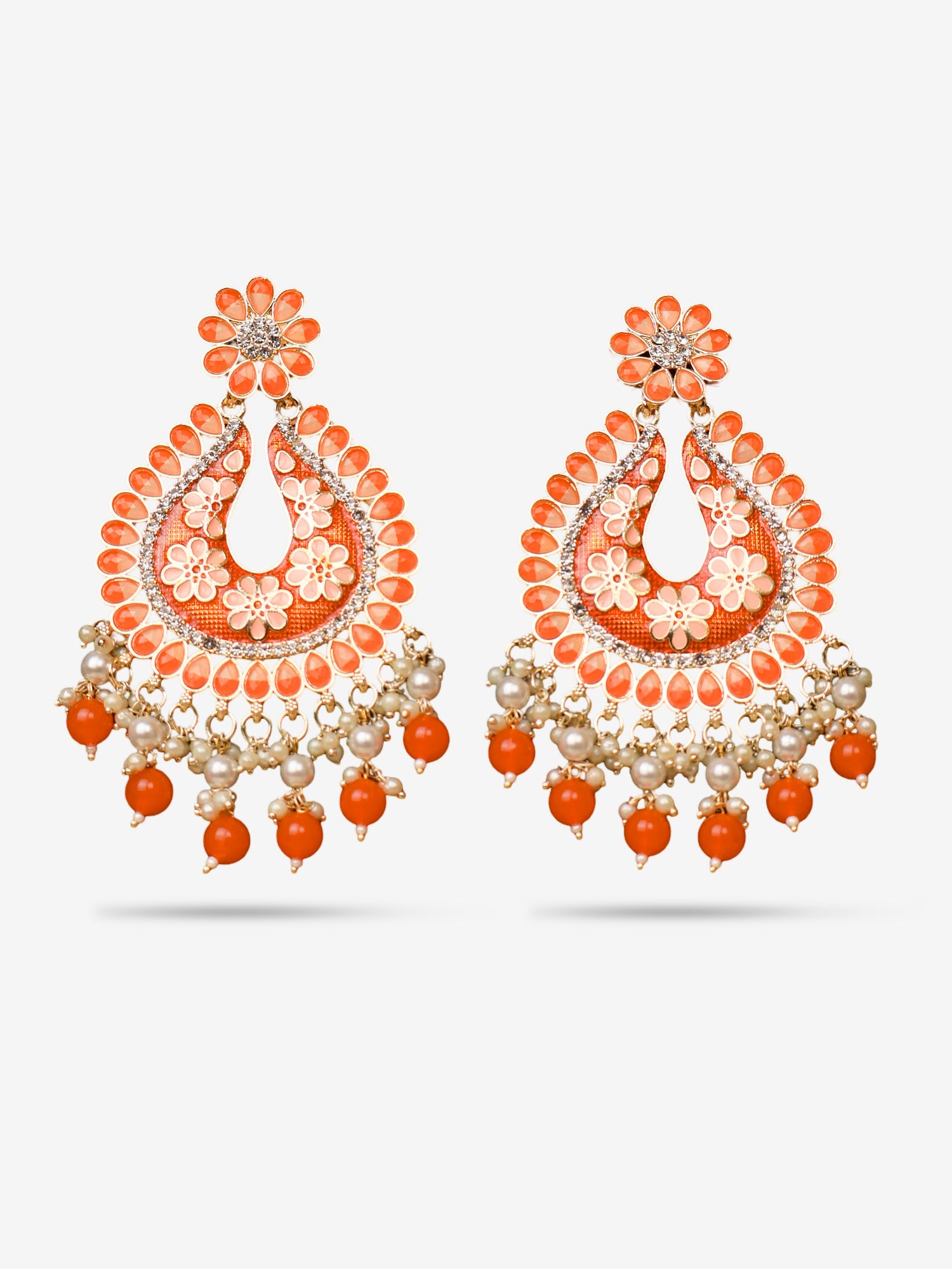 Jewels Chandbali Earrings for Women with Kundan Stones and Beads by Shreekama Orange Fashion Jewelry for Party Festival Wedding Occasion in Noida