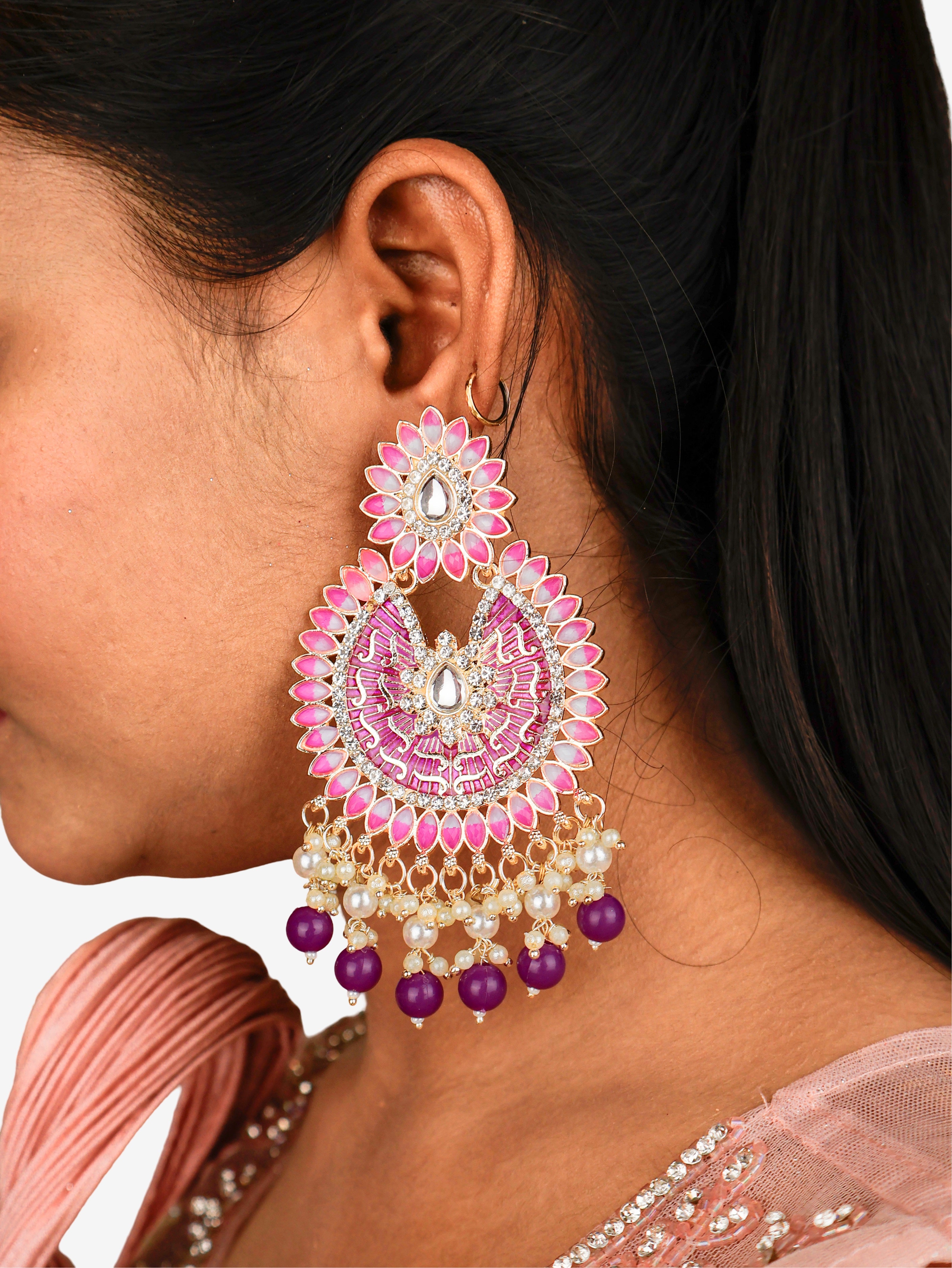 Delicate Pearl & Rhinestone Chandelier Earrings for Women by Shreekama Purple Fashion Jewelry for Party Festival Wedding Occasion in Noida