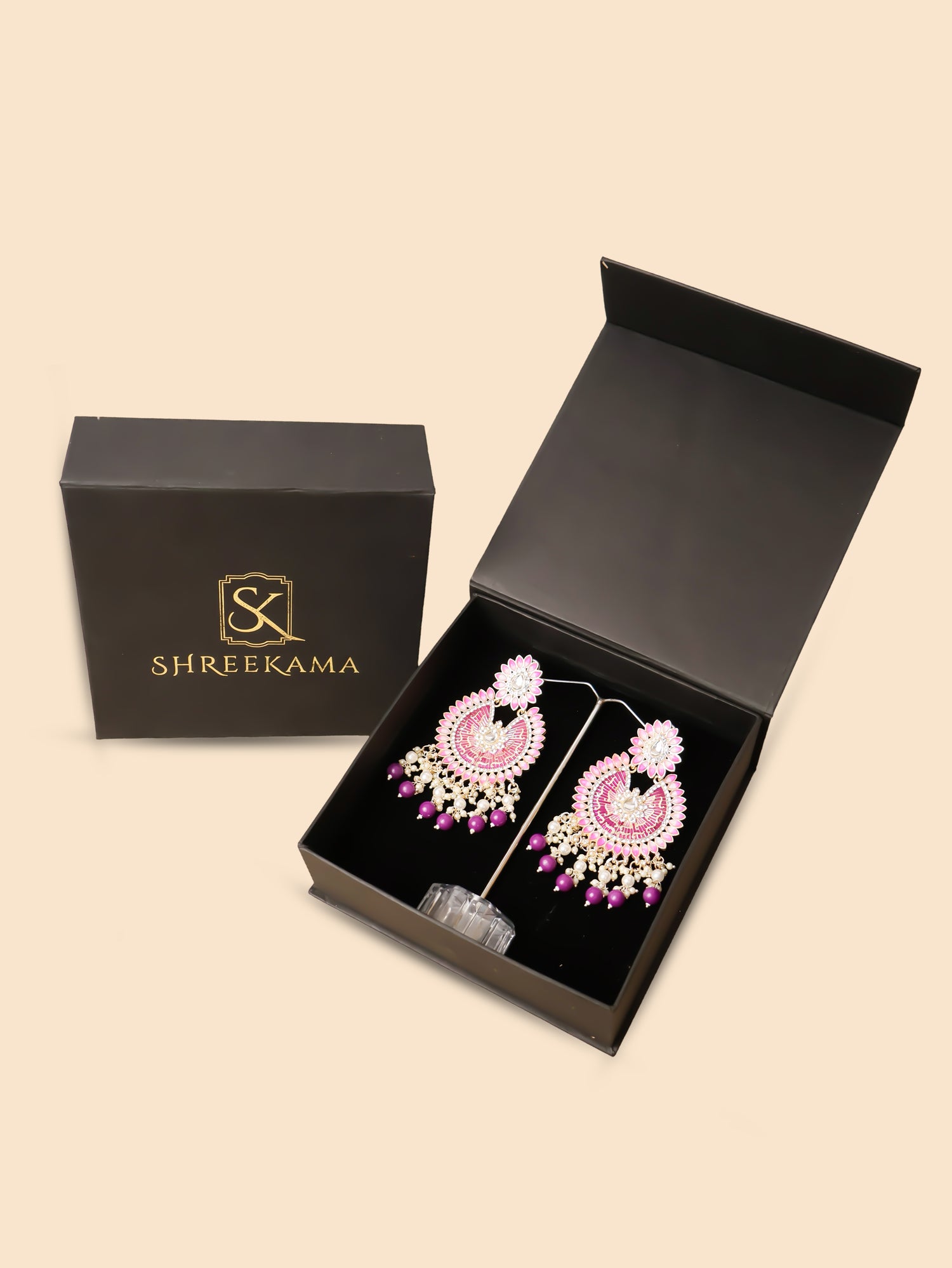 Delicate Pearl & Rhinestone Chandelier Earrings for Women by Shreekama Purple Fashion Jewelry for Party Festival Wedding Occasion in Noida