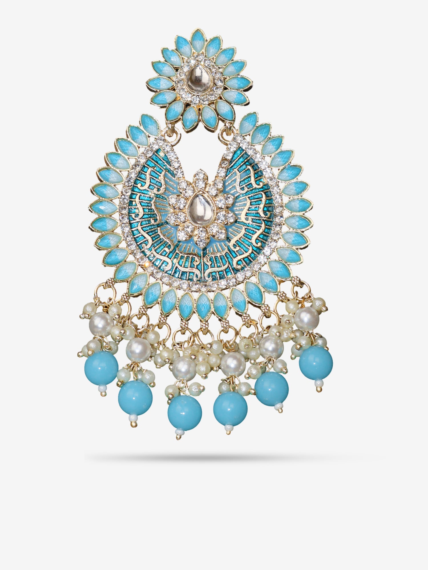 Delicate Pearl & Rhinestone Chandelier Earrings for Women by Shreekama Sky Blue Fashion Jewelry for Party Festival Wedding Occasion in Noida