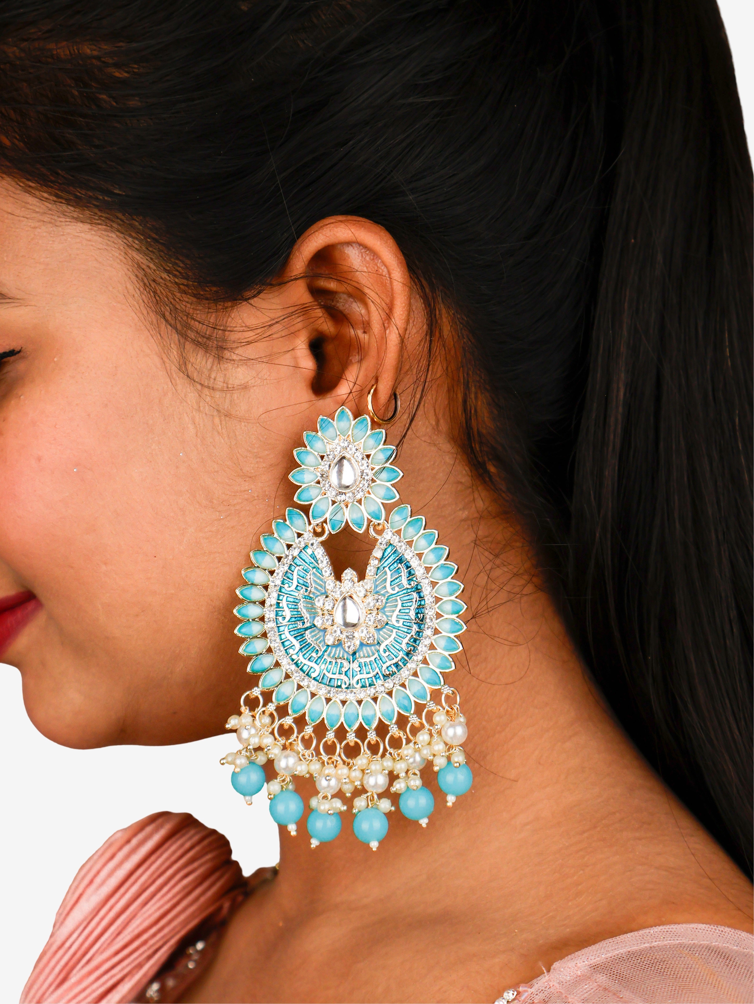 Delicate Pearl & Rhinestone Chandelier Earrings for Women by Shreekama Sky Blue Fashion Jewelry for Party Festival Wedding Occasion in Noida