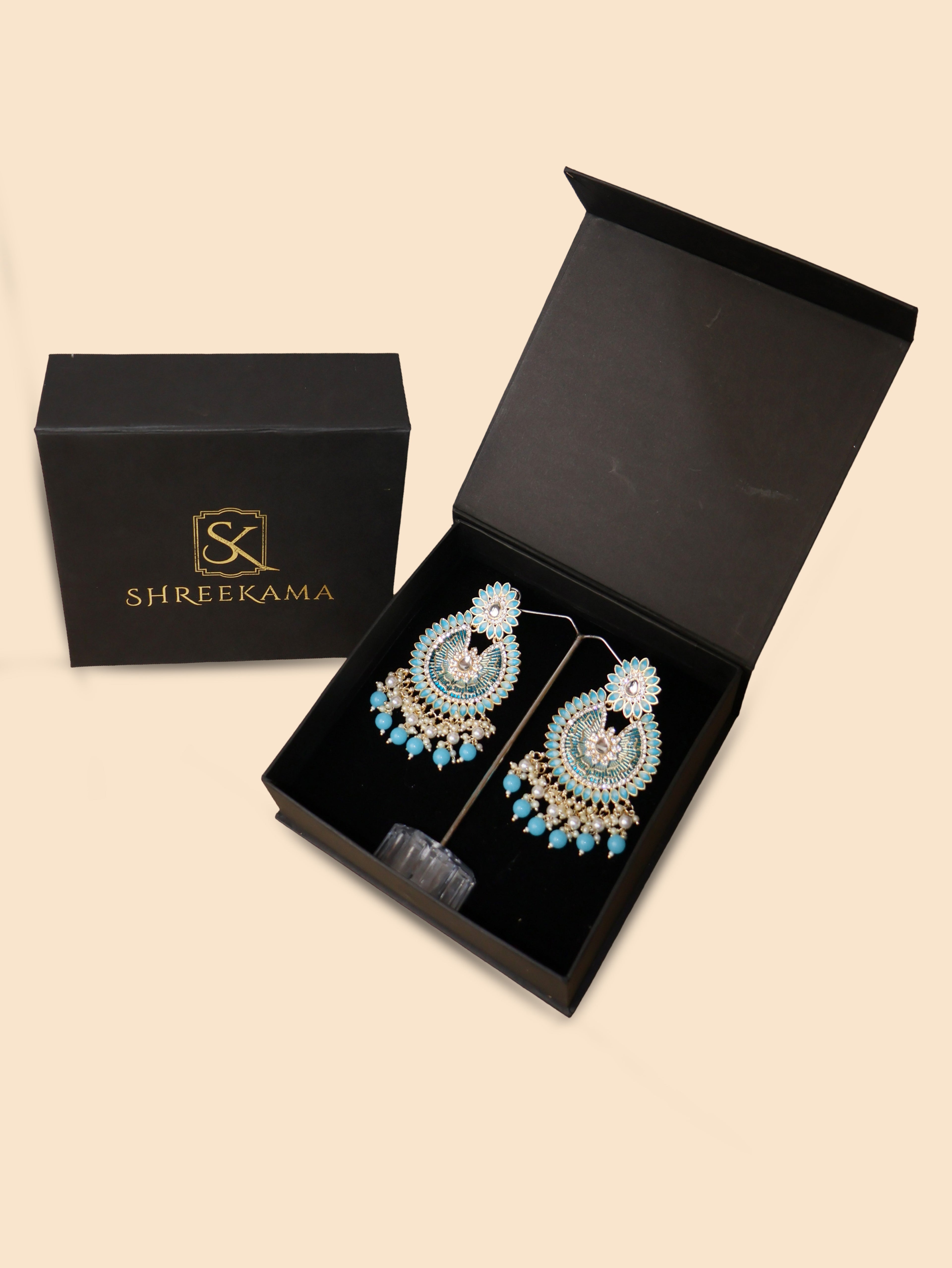 Delicate Pearl & Rhinestone Chandelier Earrings for Women by Shreekama Sky Blue Fashion Jewelry for Party Festival Wedding Occasion in Noida