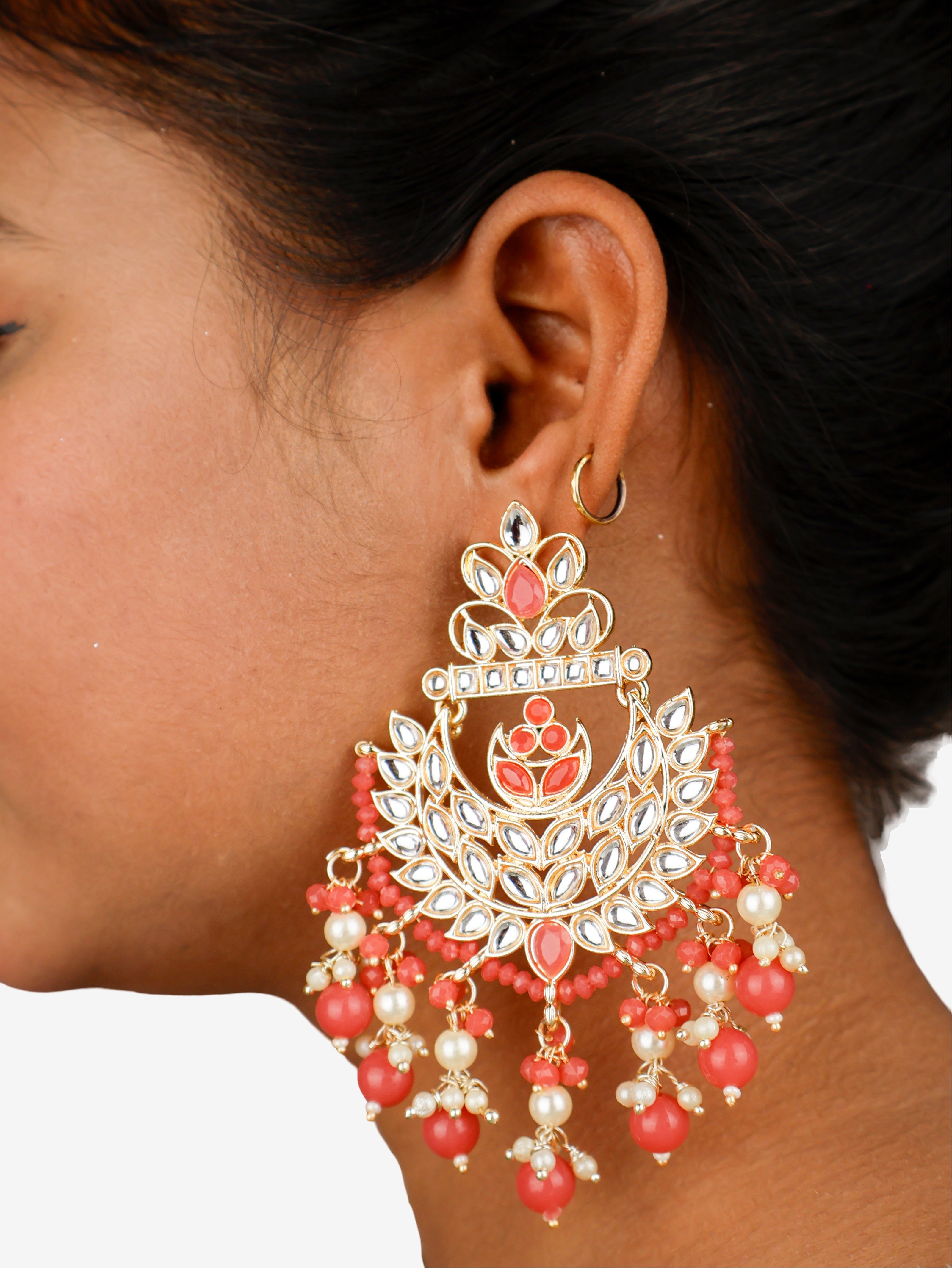 Kundan & Pearl Drop Earrings with Textured Detailing for Women by Shreekama Peach Fashion Jewelry for Party Festival Wedding Occasion in Noida