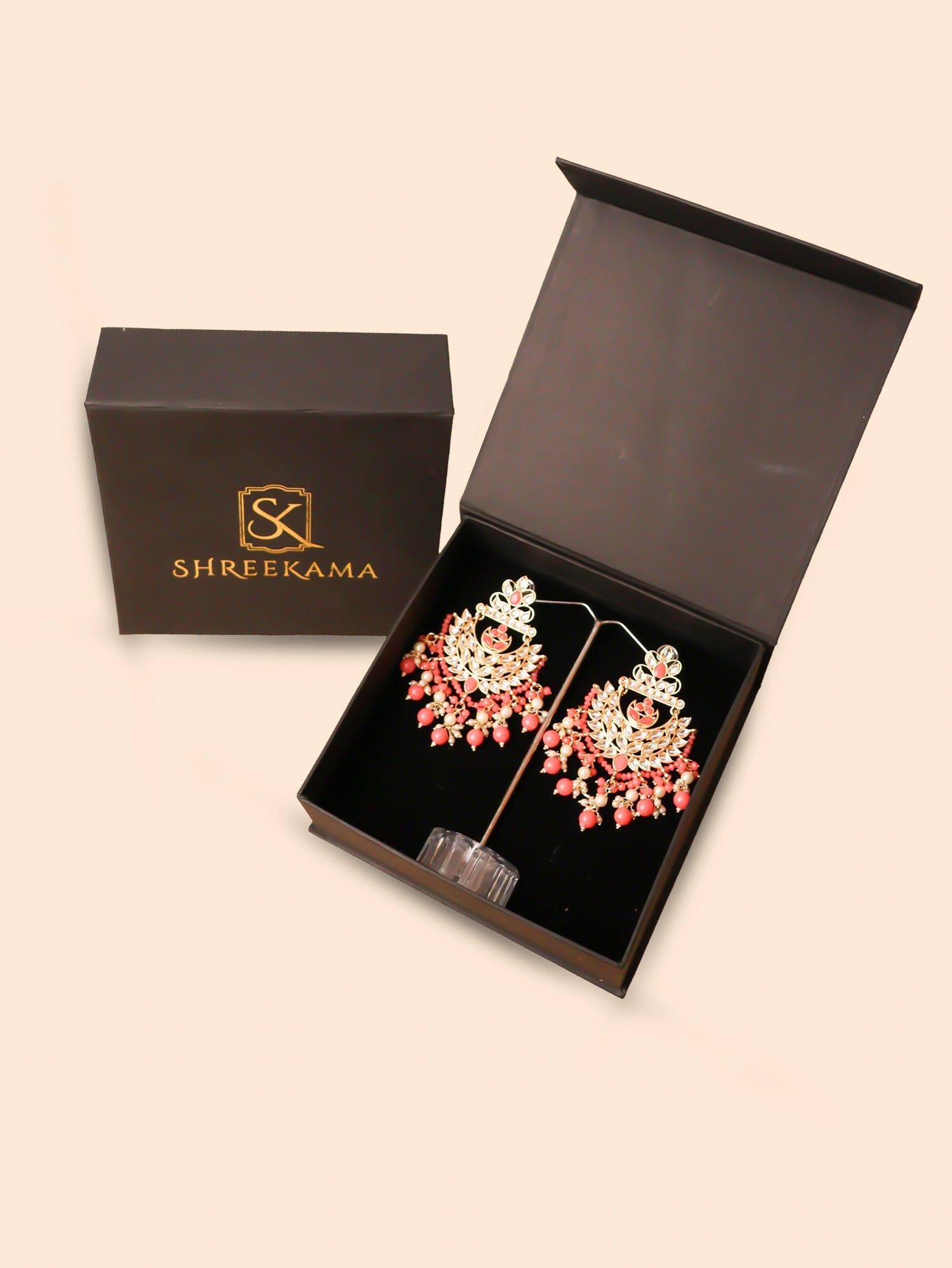 Kundan & Pearl Drop Earrings with Textured Detailing for Women by Shreekama Peach Fashion Jewelry for Party Festival Wedding Occasion in Noida