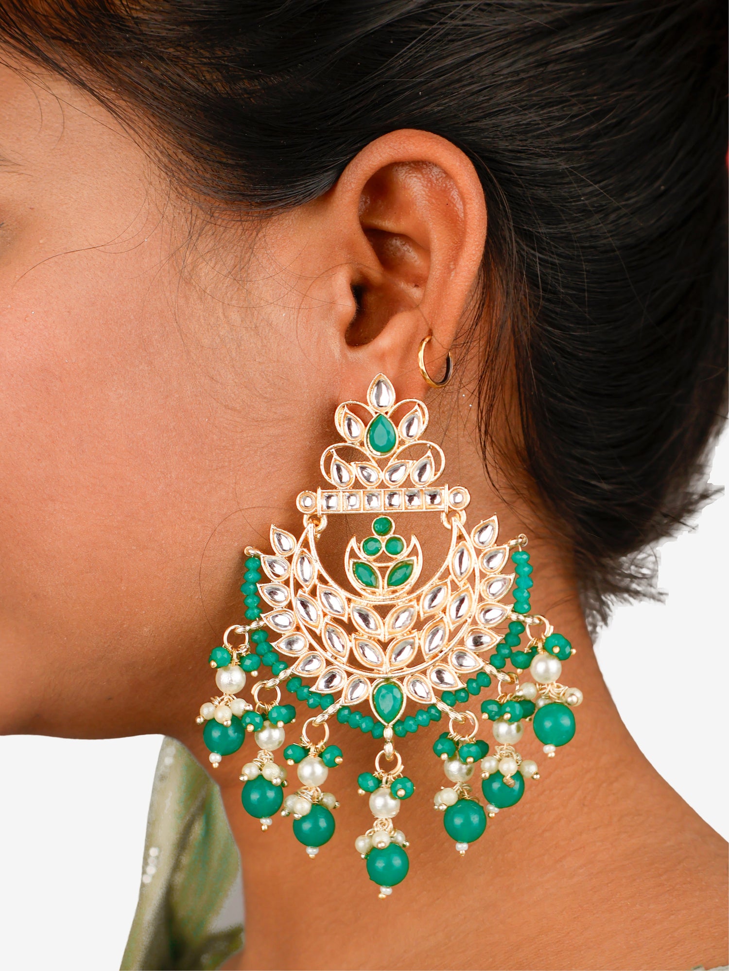 Kundan & Pearl Drop Earrings with Textured Detailing for Women by Shreekama Green Fashion Jewelry for Party Festival Wedding Occasion in Noida