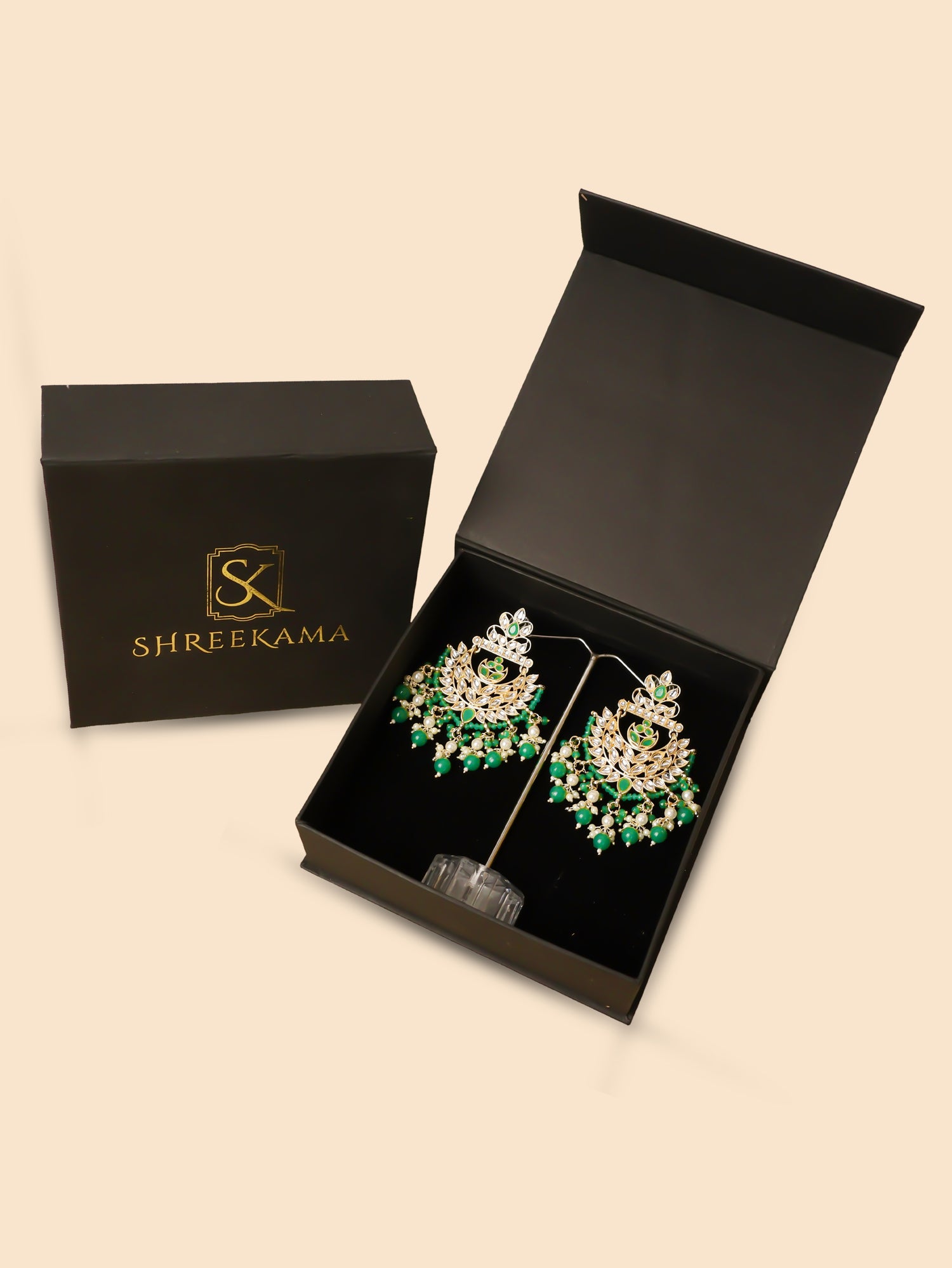 Kundan & Pearl Drop Earrings with Textured Detailing for Women by Shreekama Green Fashion Jewelry for Party Festival Wedding Occasion in Noida