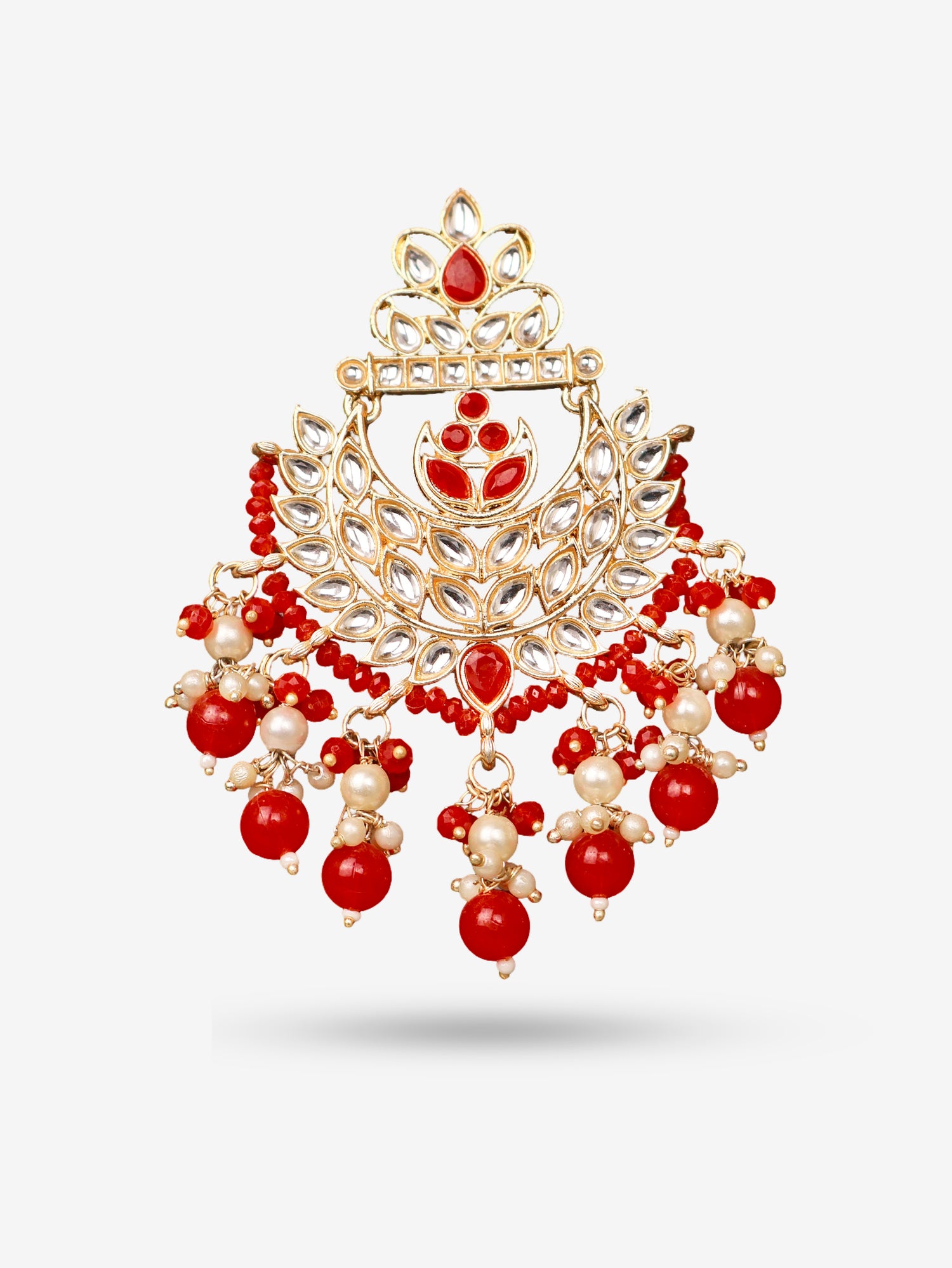 Kundan & Pearl Drop Earrings with Textured Detailing for Women by Shreekama Red Fashion Jewelry for Party Festival Wedding Occasion in Noida