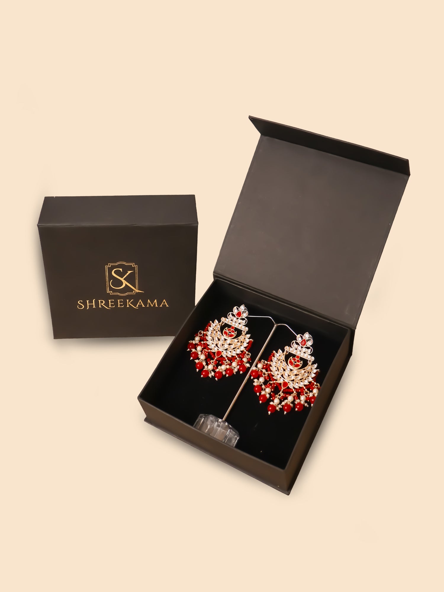 Kundan & Pearl Drop Earrings with Textured Detailing for Women by Shreekama Red Fashion Jewelry for Party Festival Wedding Occasion in Noida