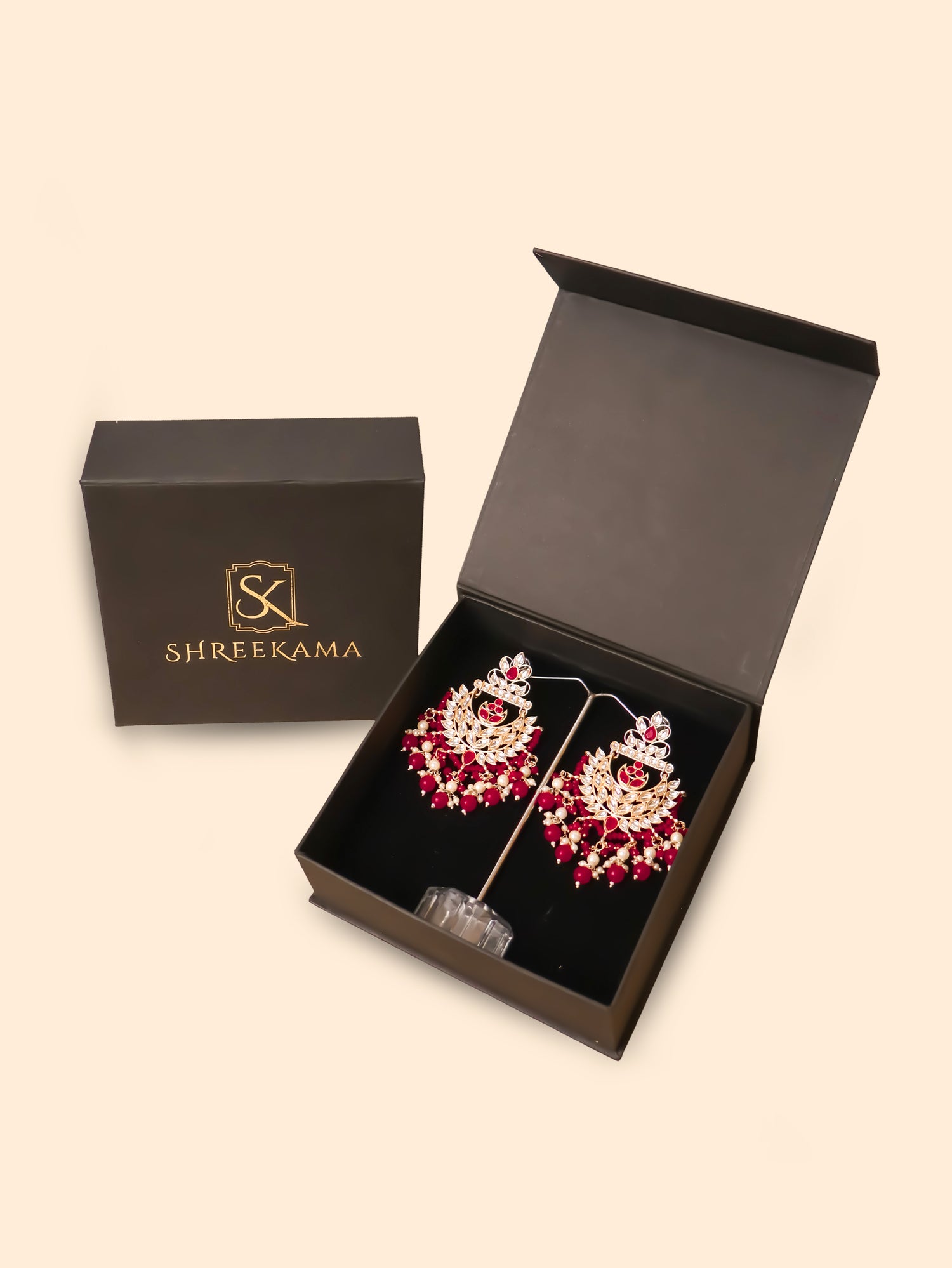 Kundan & Pearl Drop Earrings with Textured Detailing for Women by Shreekama Maroon Fashion Jewelry for Party Festival Wedding Occasion in Noida