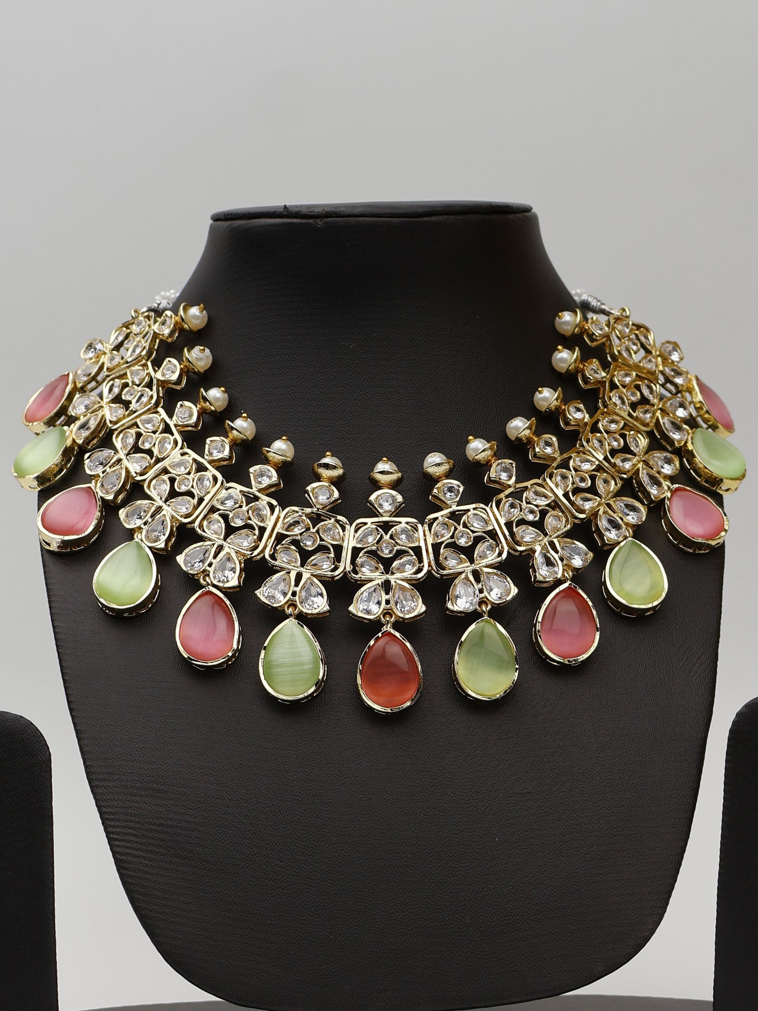 Three Layer Pink & Mint Green Monalisa Stones and Polki Necklace Set Fashion Jewelry for Party Festival Wedding Occasion in Noida