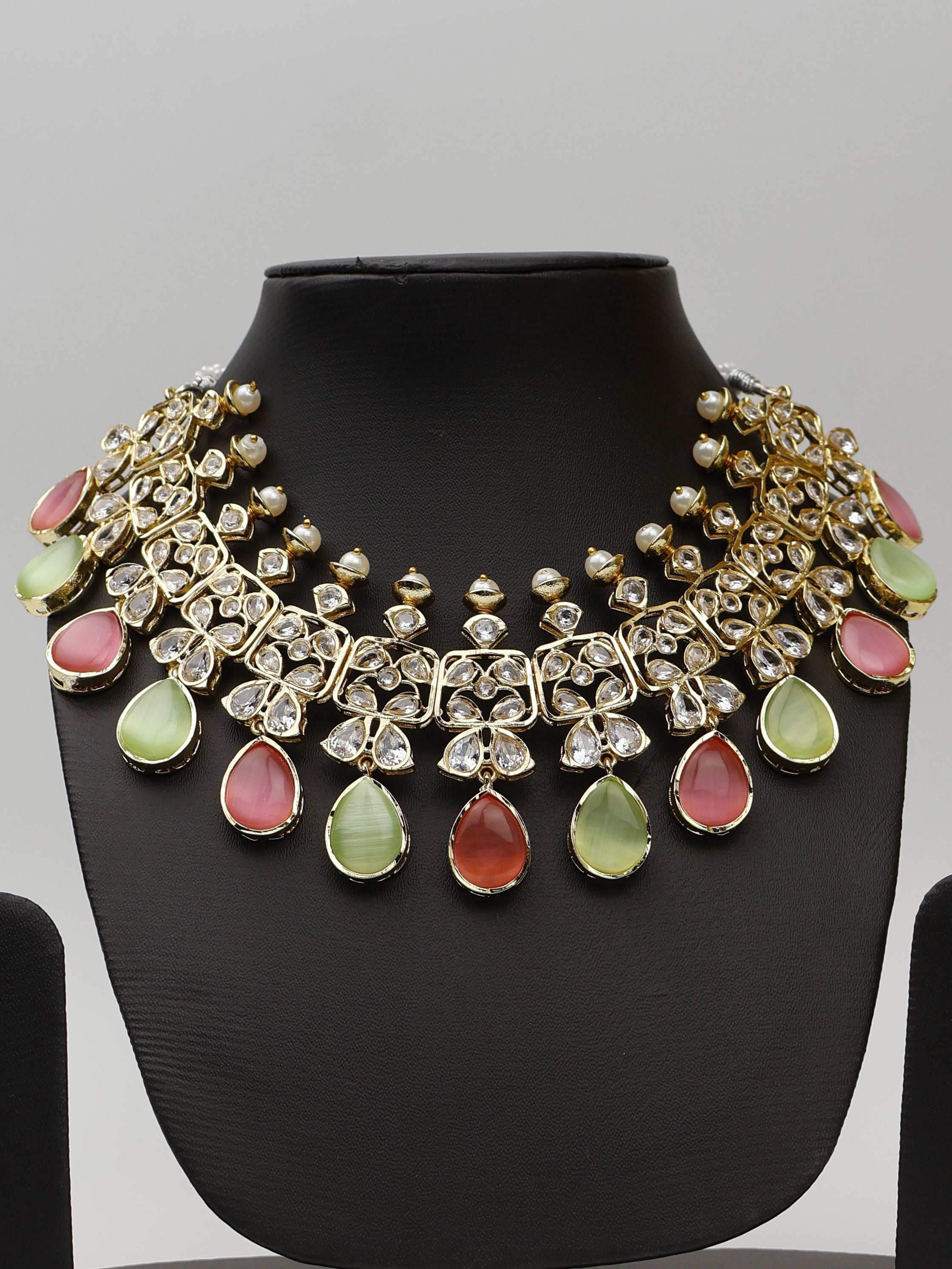 Three Layer Pink & Mint Green Monalisa Stones and Polki Necklace Set Fashion Jewelry for Party Festival Wedding Occasion in Noida