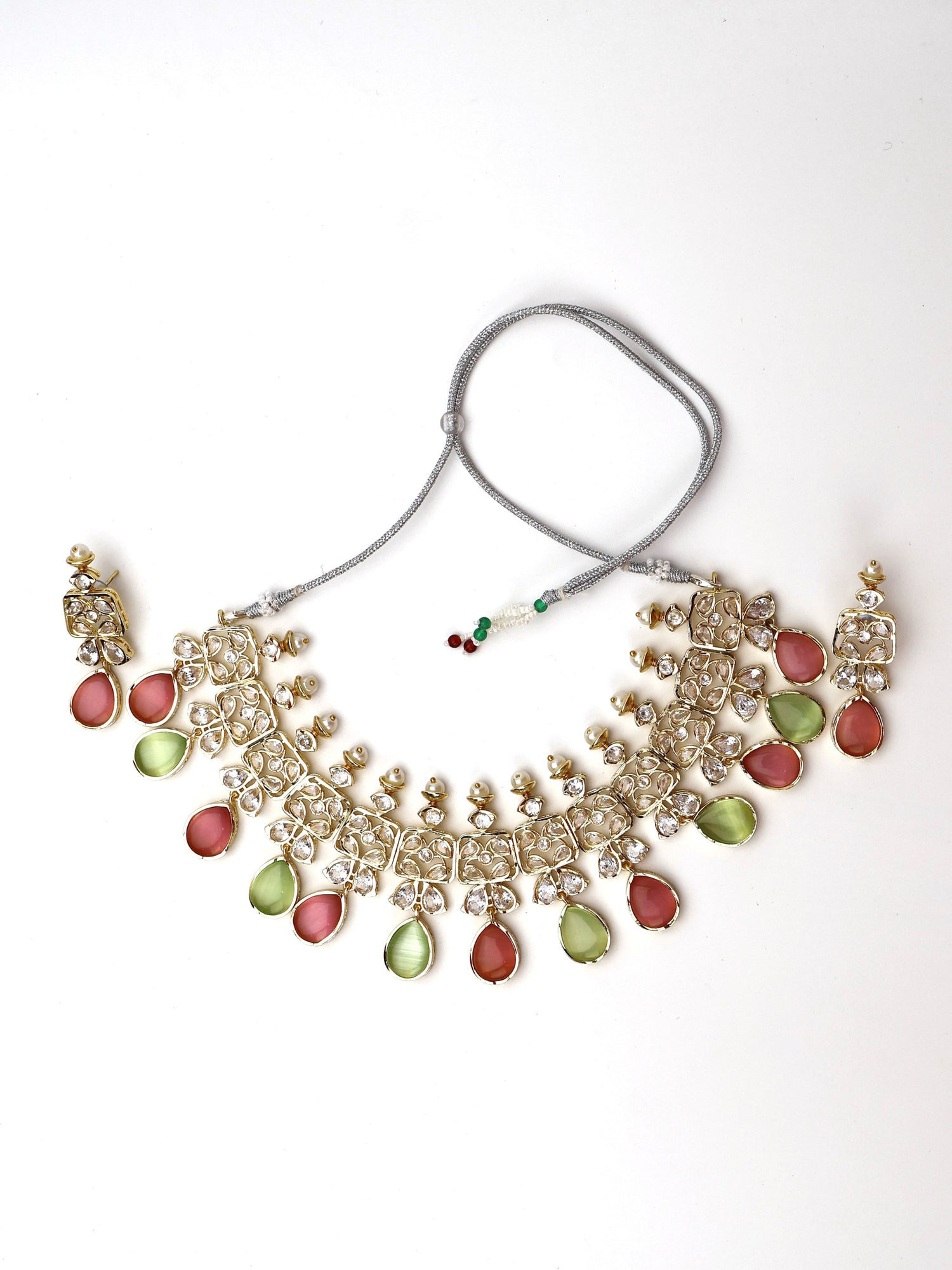 Three Layer Pink & Mint Green Monalisa Stones and Polki Necklace Set Fashion Jewelry for Party Festival Wedding Occasion in Noida