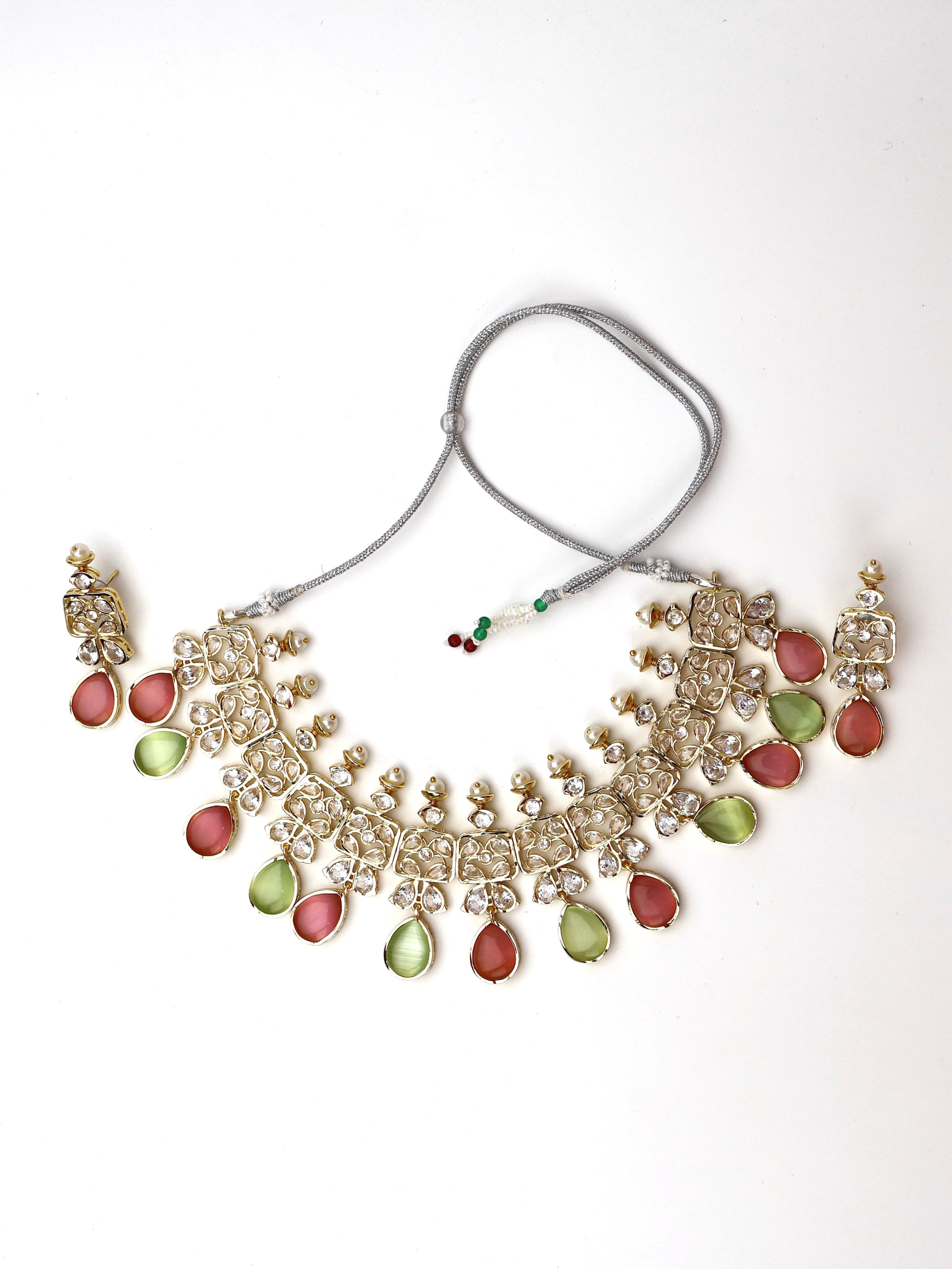 Three Layer Pink & Mint Green Monalisa Stones and Polki Necklace Set Fashion Jewelry for Party Festival Wedding Occasion in Noida