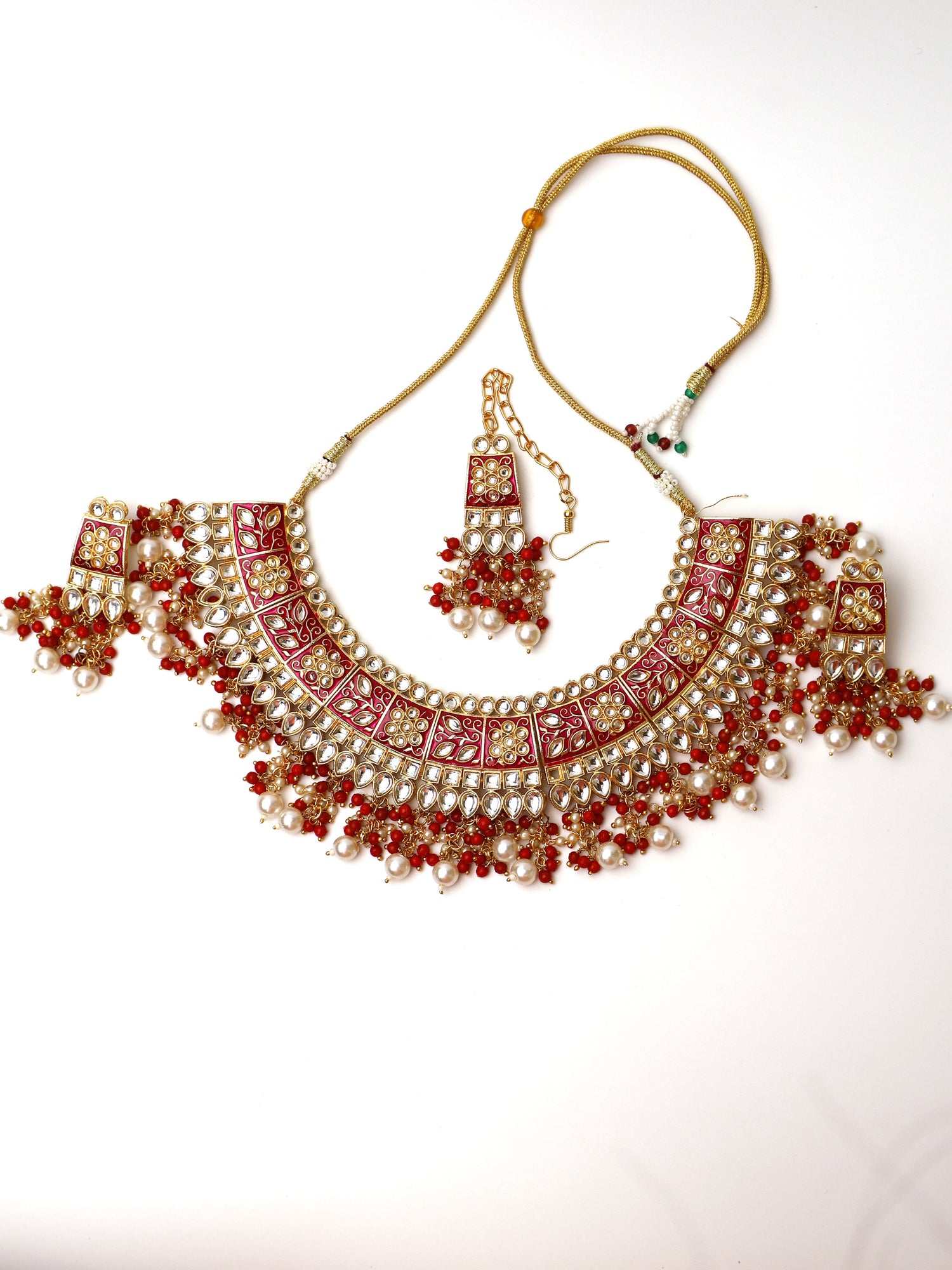 Red Meenakari Kundan & Pearl Necklace Set with Earrings & Mang Tikka. Fashion Jewelry for Party Festival Wedding Occasion in Noida