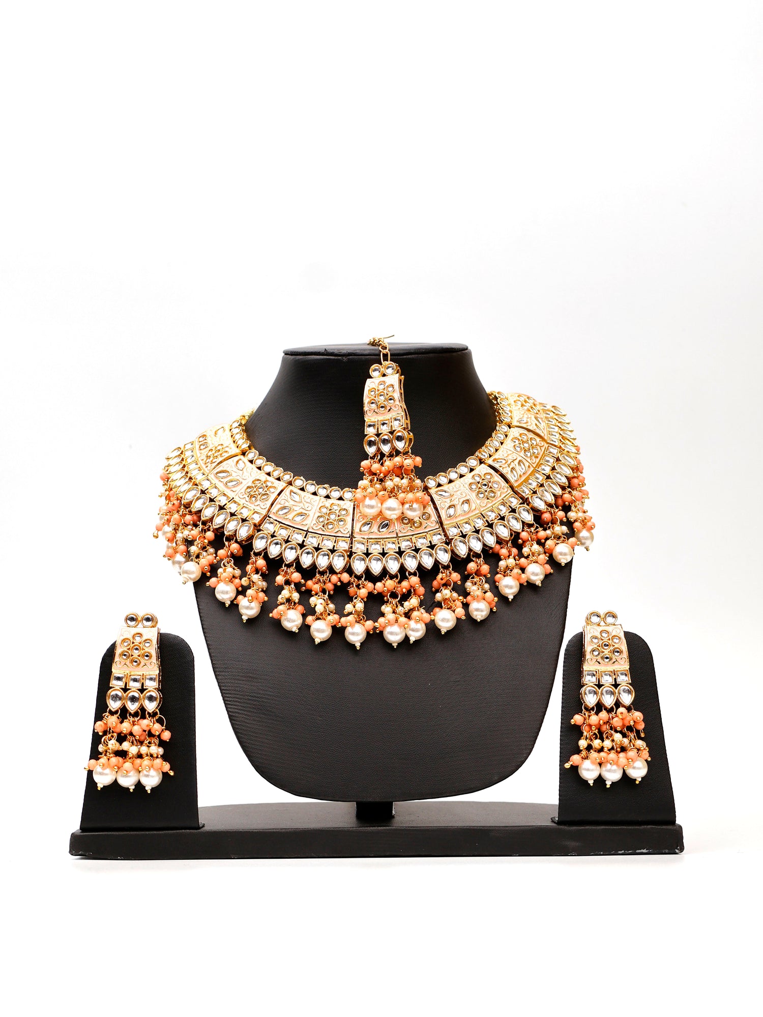Peach Meenakari Kundan & Pearl Necklace Set with Earrings & Mang Tikka Fashion Jewelry for Party Festival Wedding Occasion in Noida