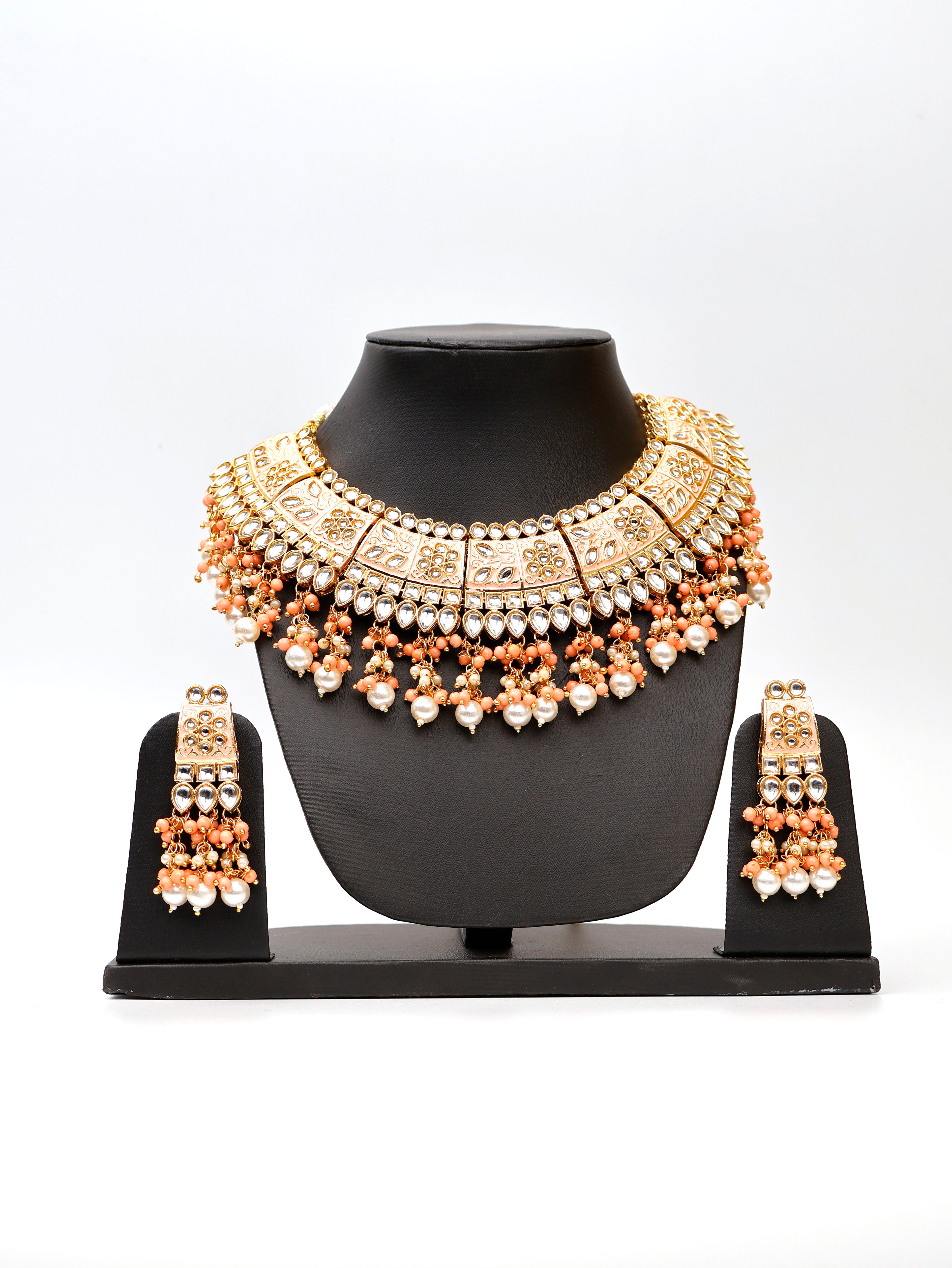 Peach Meenakari Kundan & Pearl Necklace Set with Earrings & Mang Tikka Fashion Jewelry for Party Festival Wedding Occasion in Noida