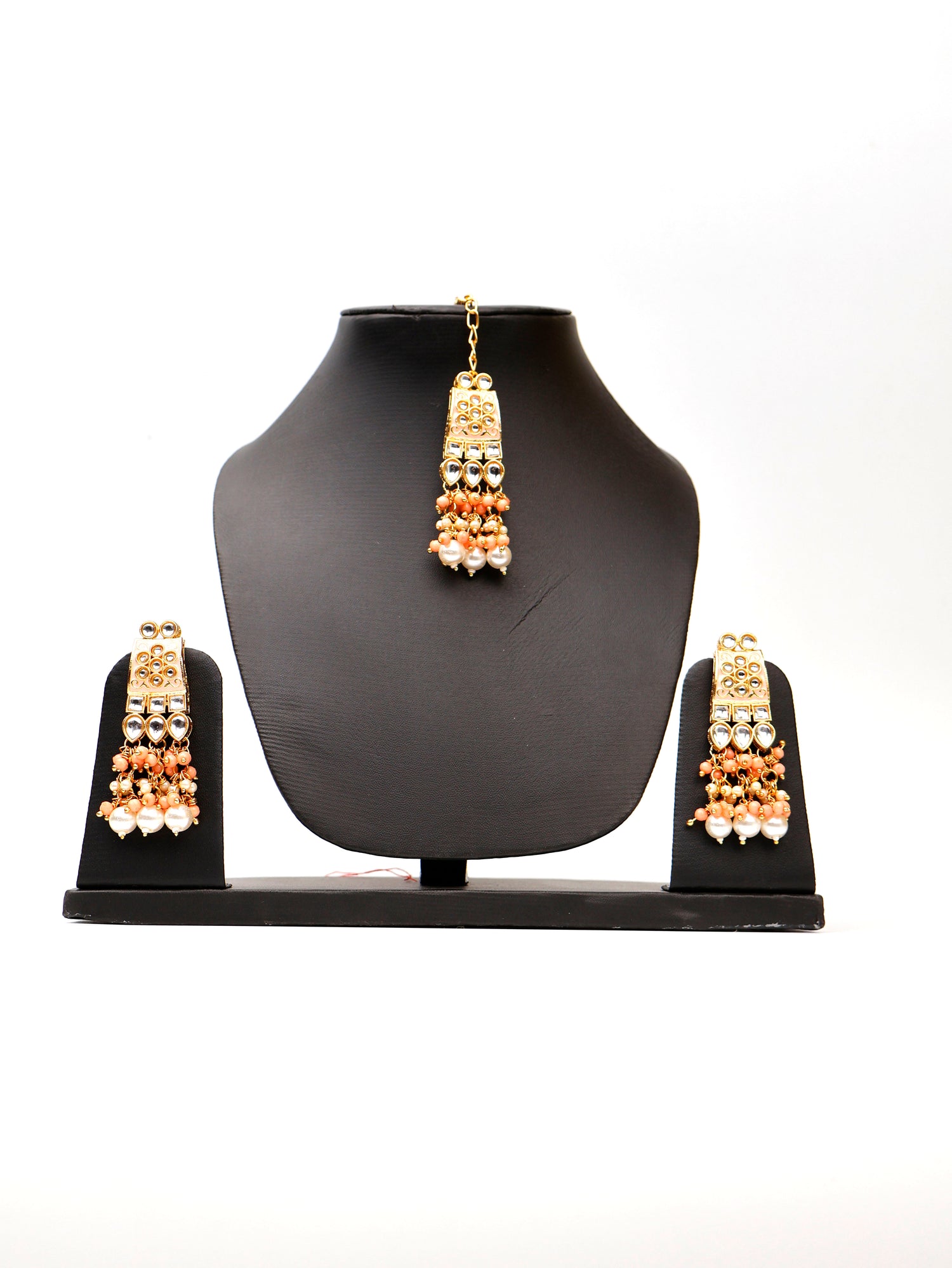 Peach Meenakari Kundan & Pearl Necklace Set with Earrings & Mang Tikka Fashion Jewelry for Party Festival Wedding Occasion in Noida