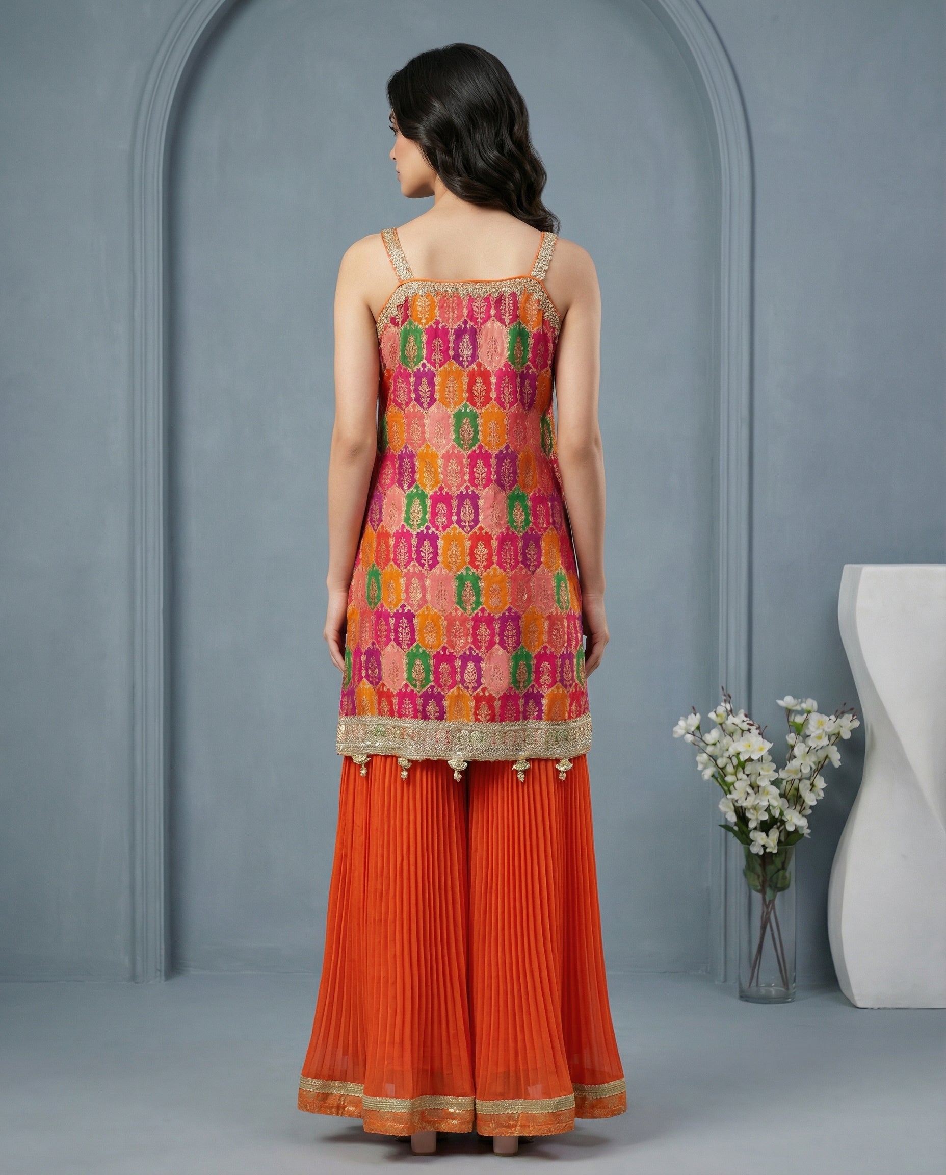 Multicolor Brocade Kurta with Orange Sharara & Dupatta Set | Mirror Work | Festive Wear