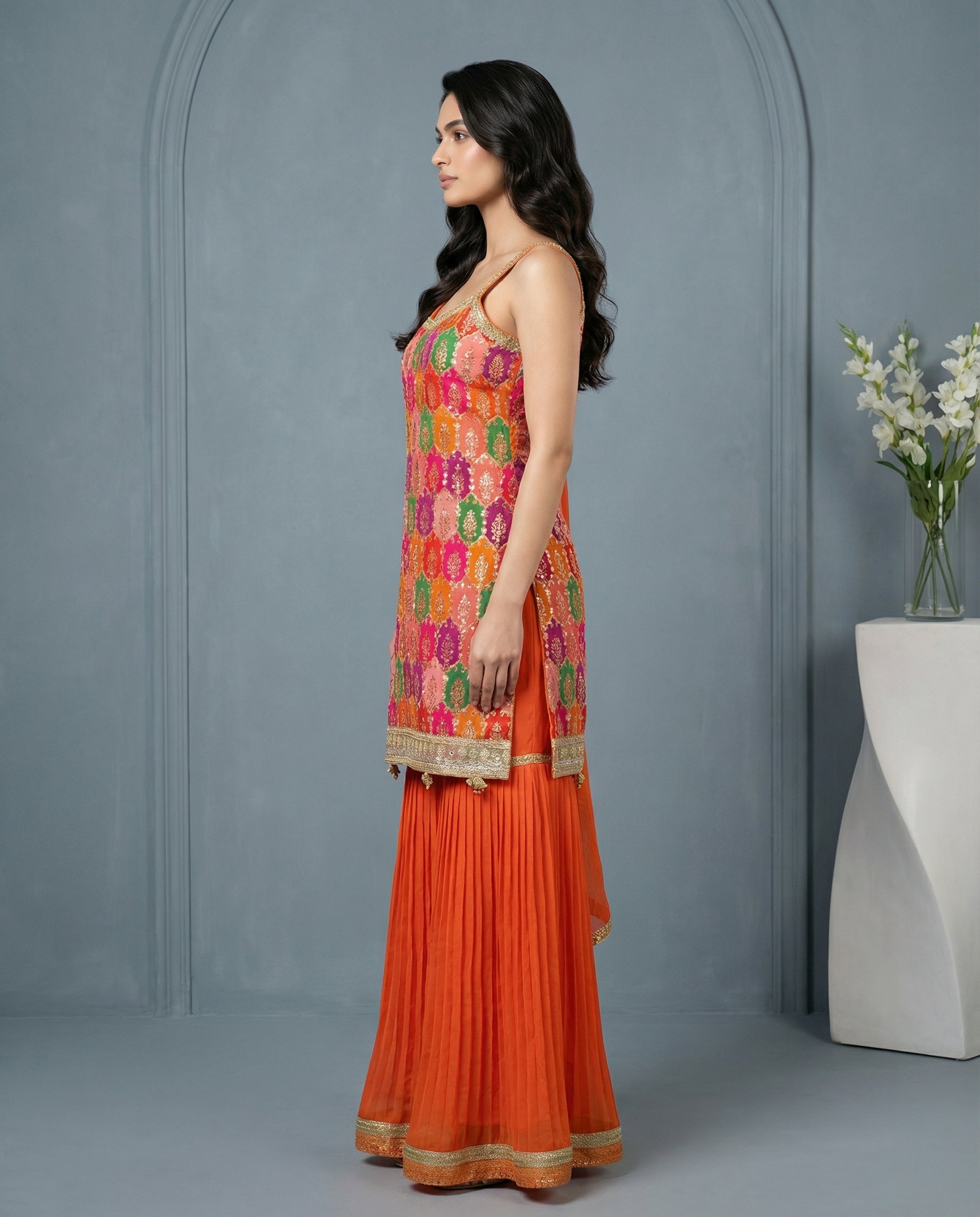 Multicolor Brocade Kurta with Orange Sharara & Dupatta Set | Mirror Work | Festive Wear