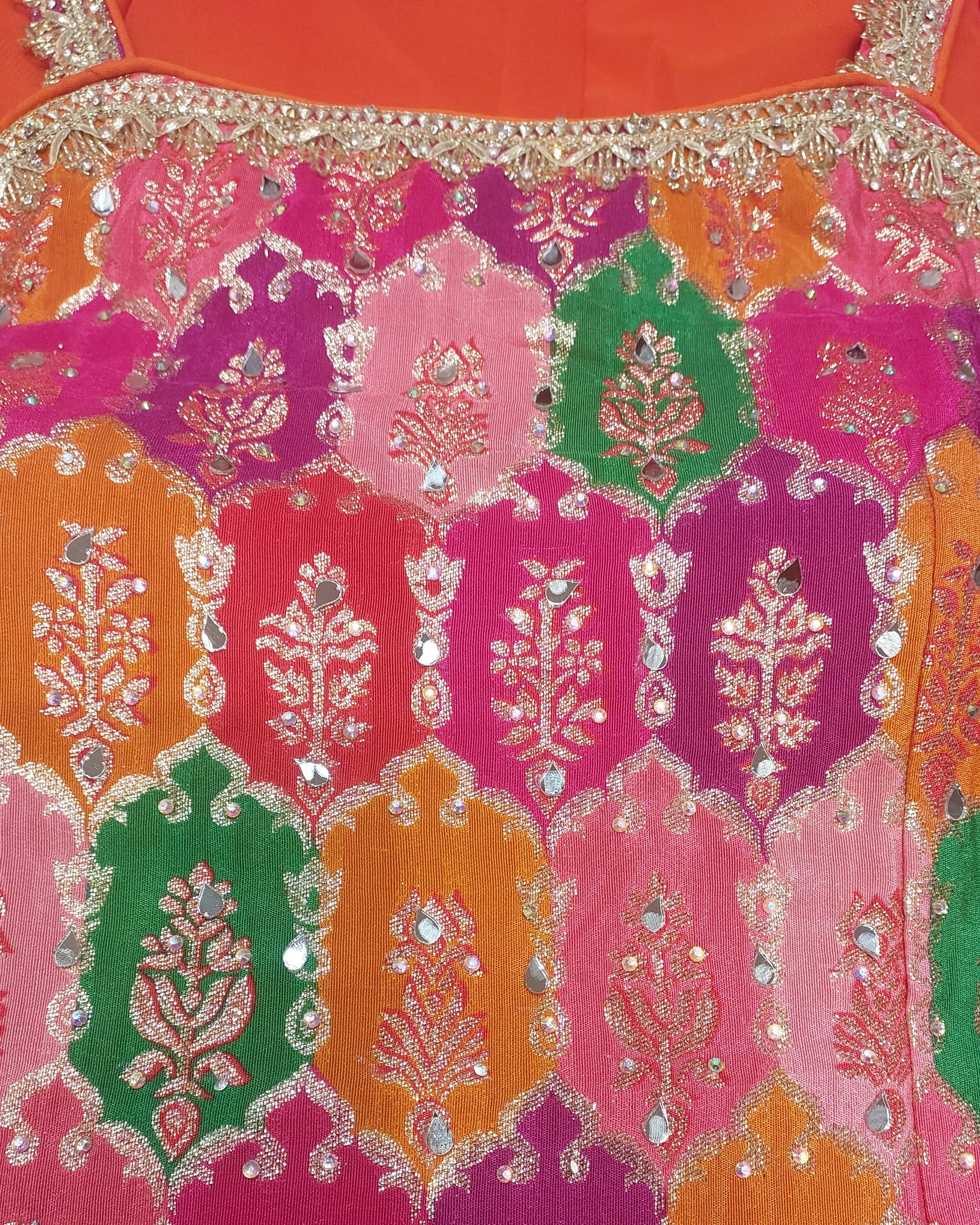 Multicolor Brocade Kurta with Orange Sharara & Dupatta Set | Mirror Work | Festive Wear