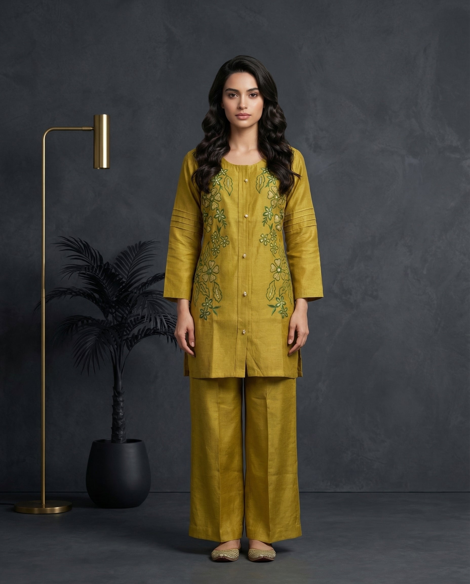 Mustard Green Floral Embroidered Kurta with Palazzo Set | Sequin & Pearl Work