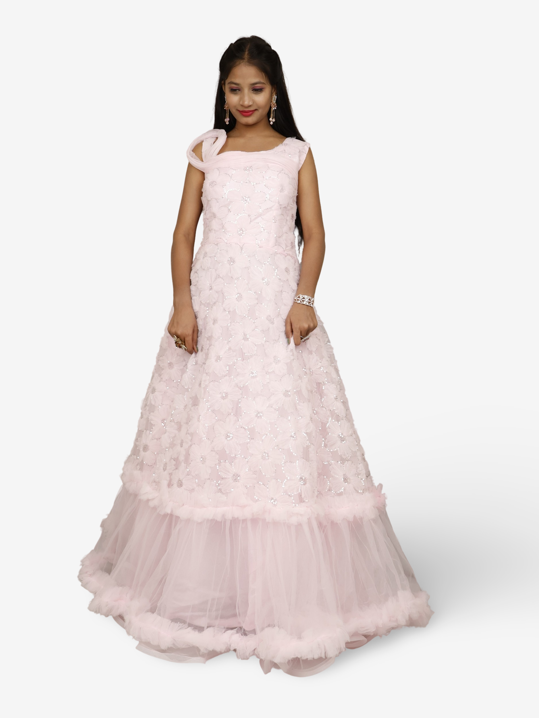 Pink Net Fabric Gown with Sequin Work by Shreekama Pink Designer Gowns for Party Festival Wedding Occasion in Noida