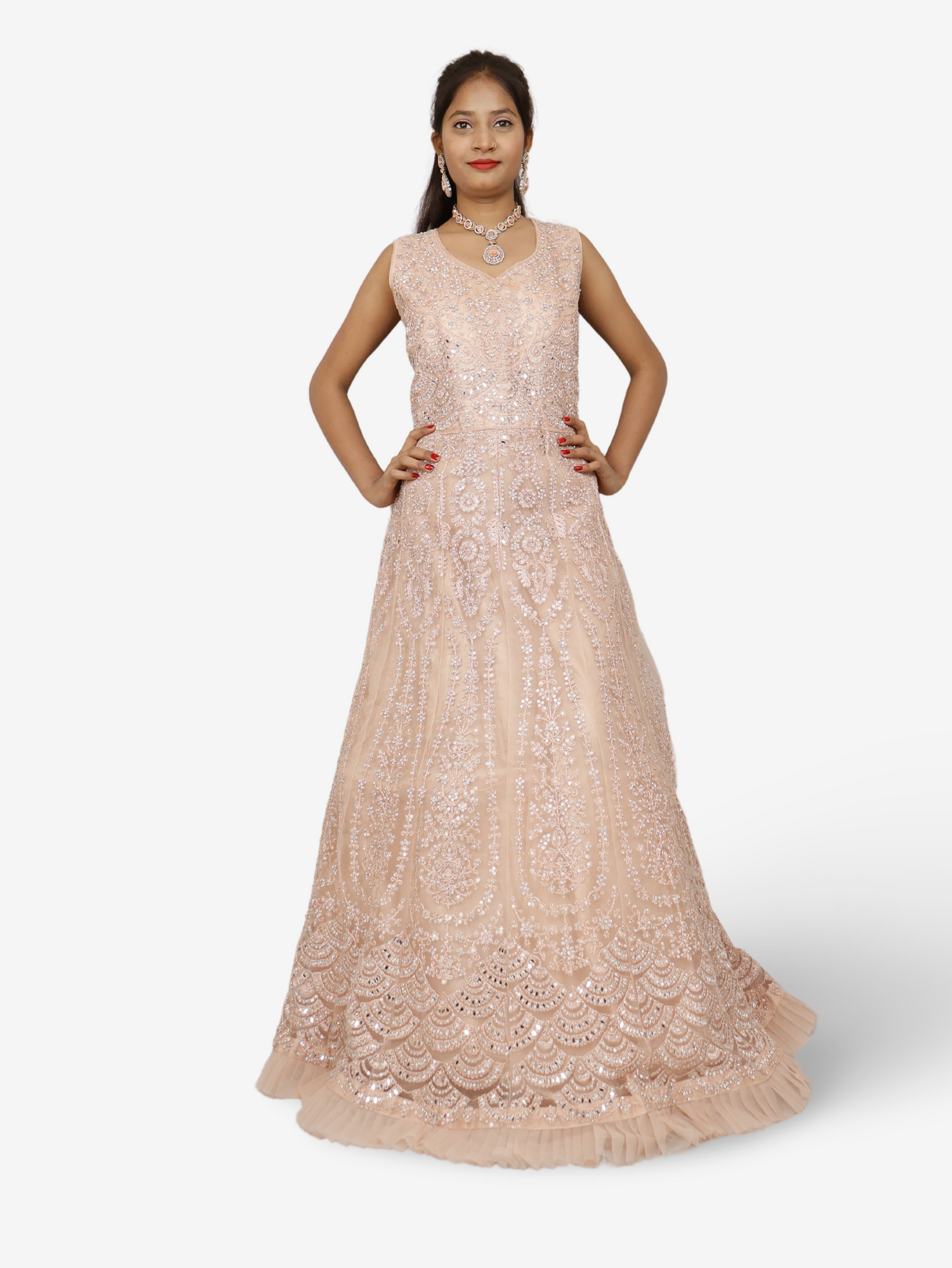 Gown with Thread Work & Stones by Shreekama Peach Designer Gowns for Party Festival Wedding Occasion in Noida