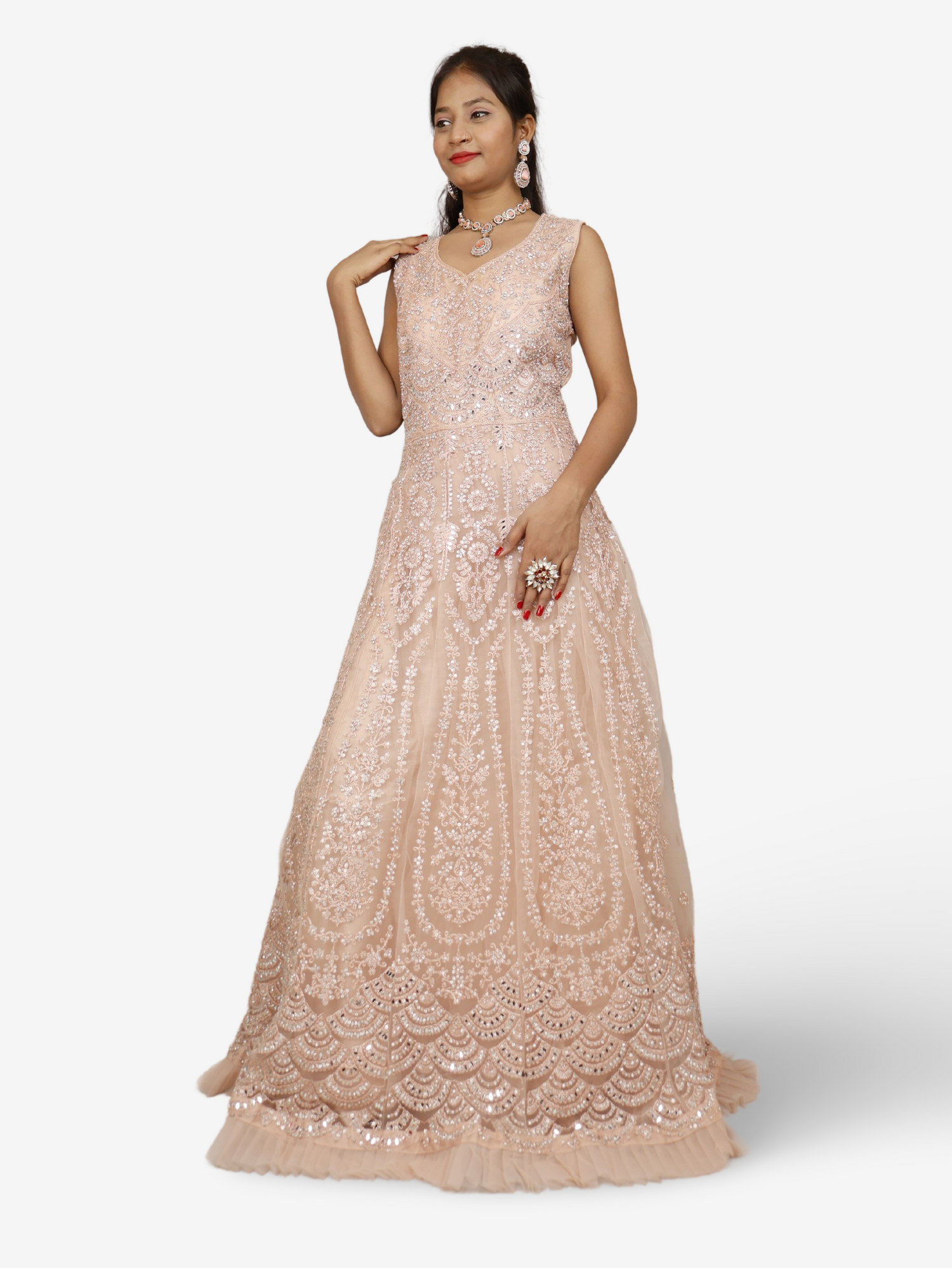 Gown with Thread Work & Stones by Shreekama Peach Designer Gowns for Party Festival Wedding Occasion in Noida