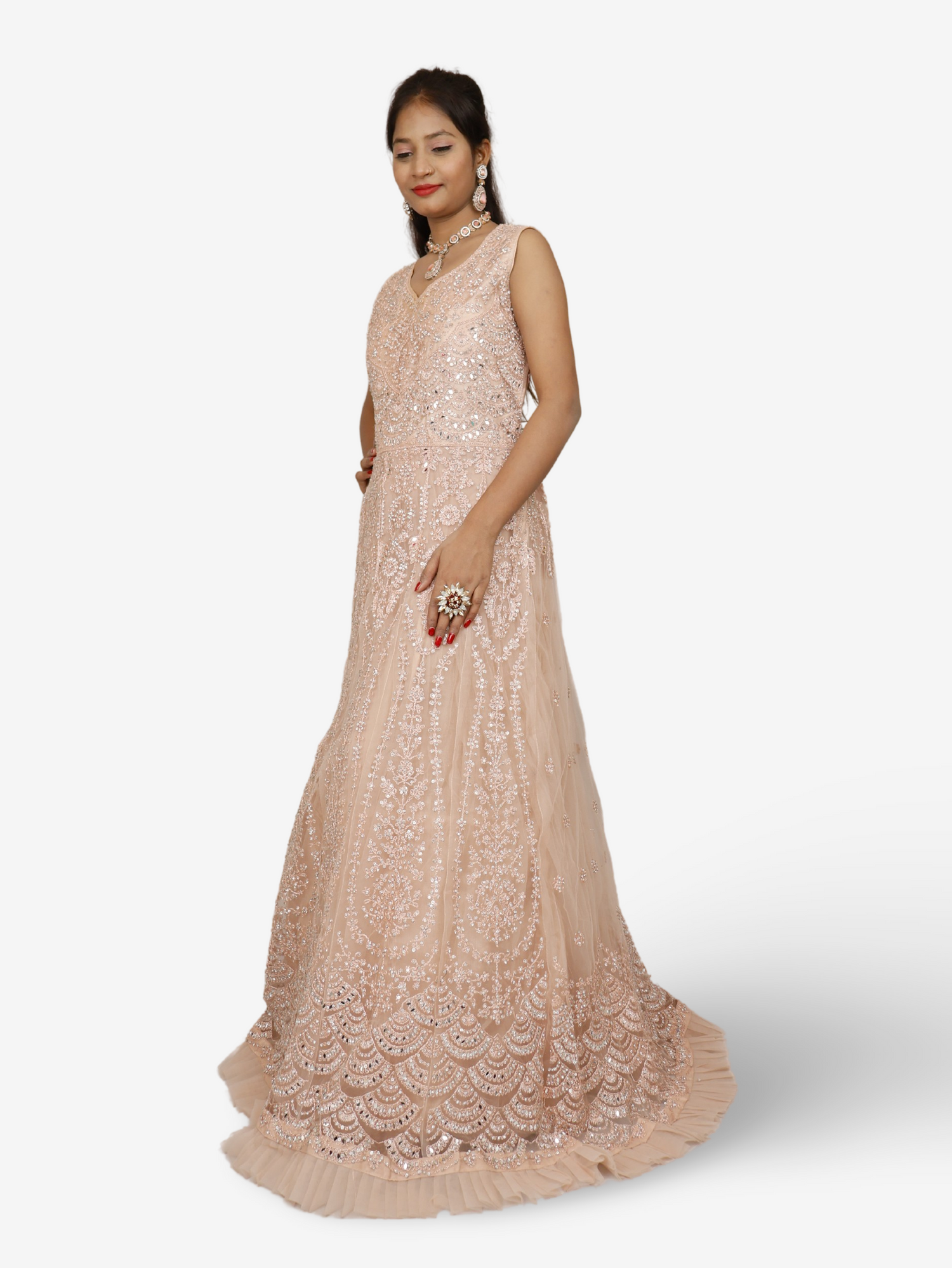 Gown with Thread Work & Stones by Shreekama Peach Designer Gowns for Party Festival Wedding Occasion in Noida