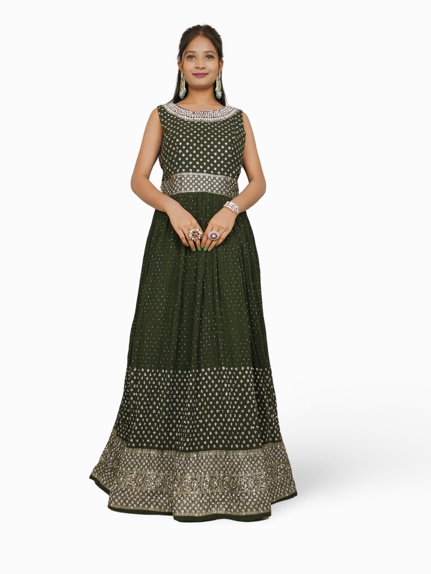 Gown with Stone & Kundan Work by Shreekama Dark Green Designer Gowns for Party Festival Wedding Occasion in Noida