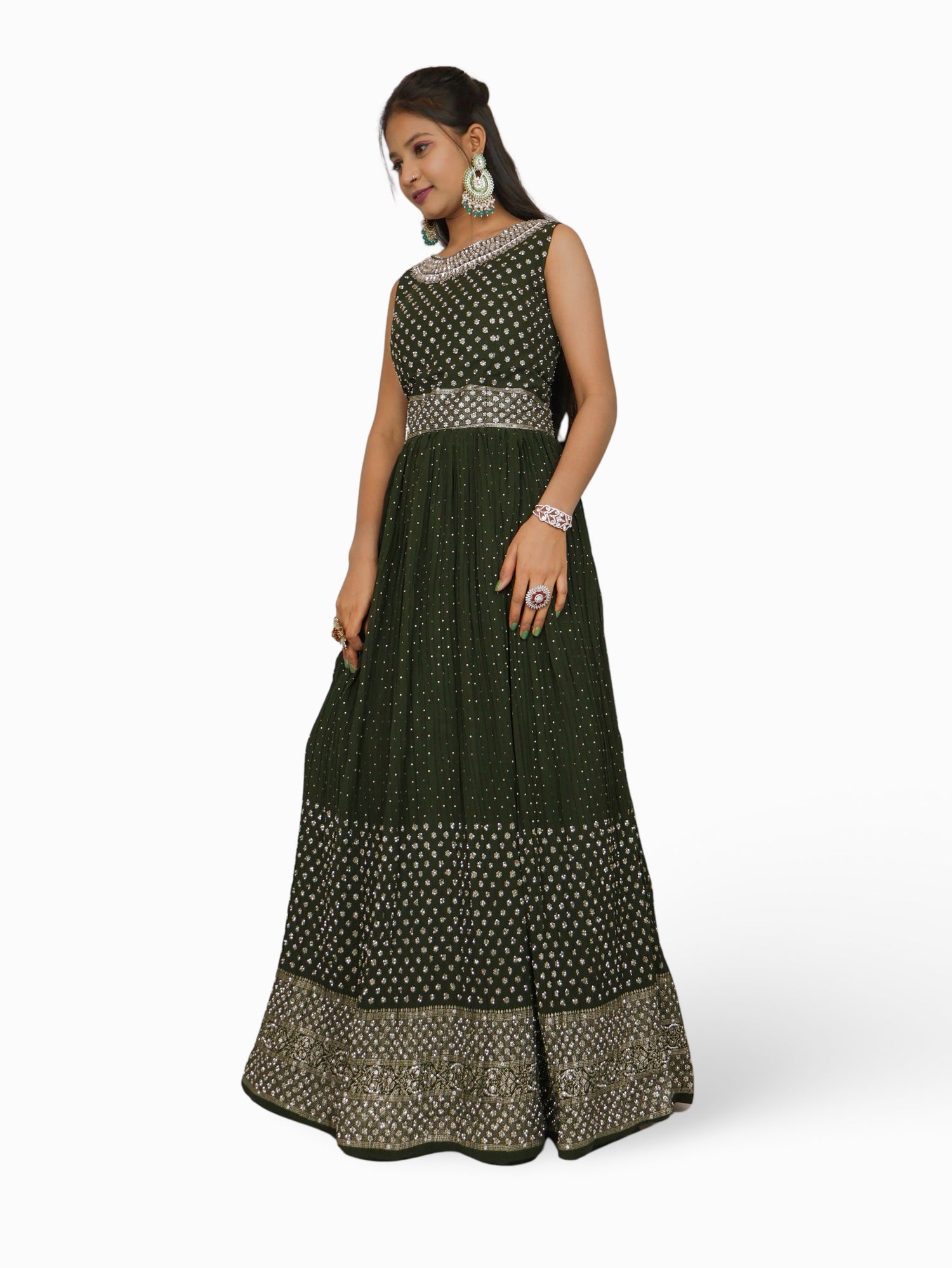 Gown with Stone & Kundan Work by Shreekama Dark Green Designer Gowns for Party Festival Wedding Occasion in Noida