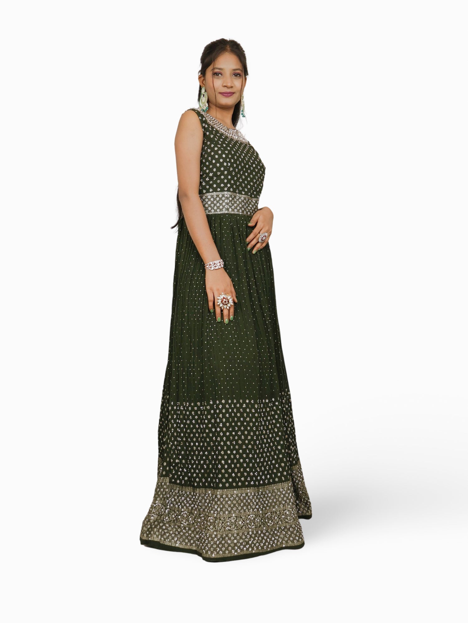 Gown with Stone & Kundan Work by Shreekama Dark Green Designer Gowns for Party Festival Wedding Occasion in Noida