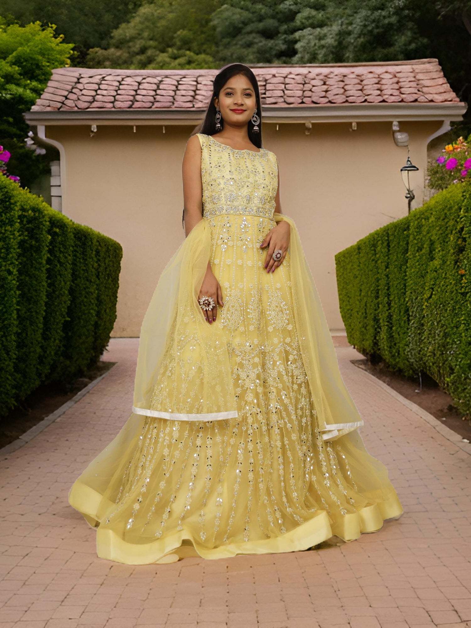 Net Fabric Gown with Pearl & Embroidery by Shreekama Lemon Yellow Designer Gowns for Party Festival Wedding Occasion in Noida