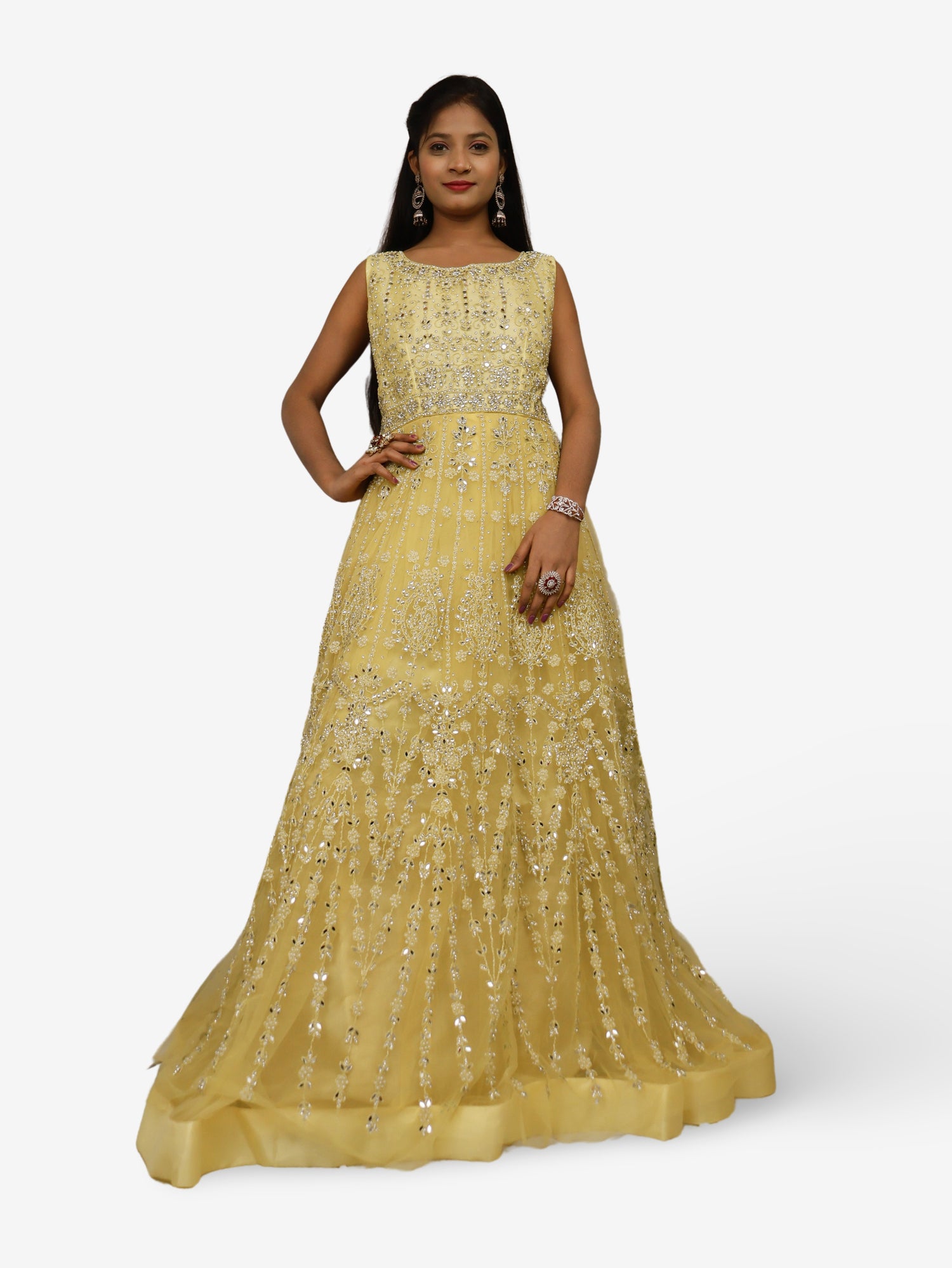 Net Fabric Gown with Pearl & Embroidery by Shreekama Lemon Yellow Designer Gowns for Party Festival Wedding Occasion in Noida