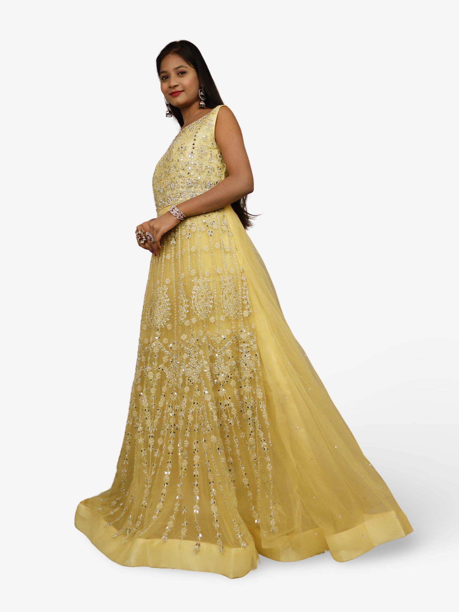 Net Fabric Gown with Pearl & Embroidery by Shreekama Lemon Yellow Designer Gowns for Party Festival Wedding Occasion in Noida